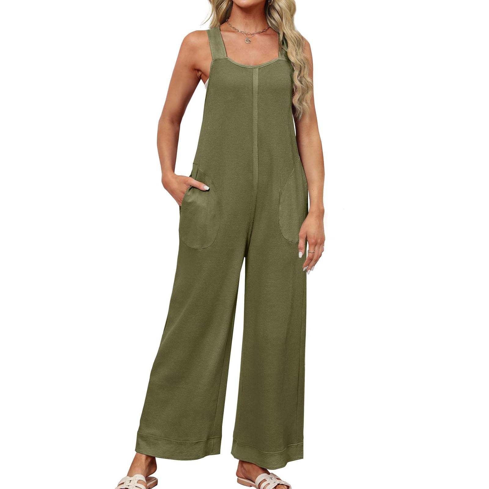 Women's Summer Casual Waffle Knit Jumpsuit - Trendy Baggy One Piece Wide Leg Lounge Overalls with Pockets | Perfect for Beach, Vacation & Everyday Wear
