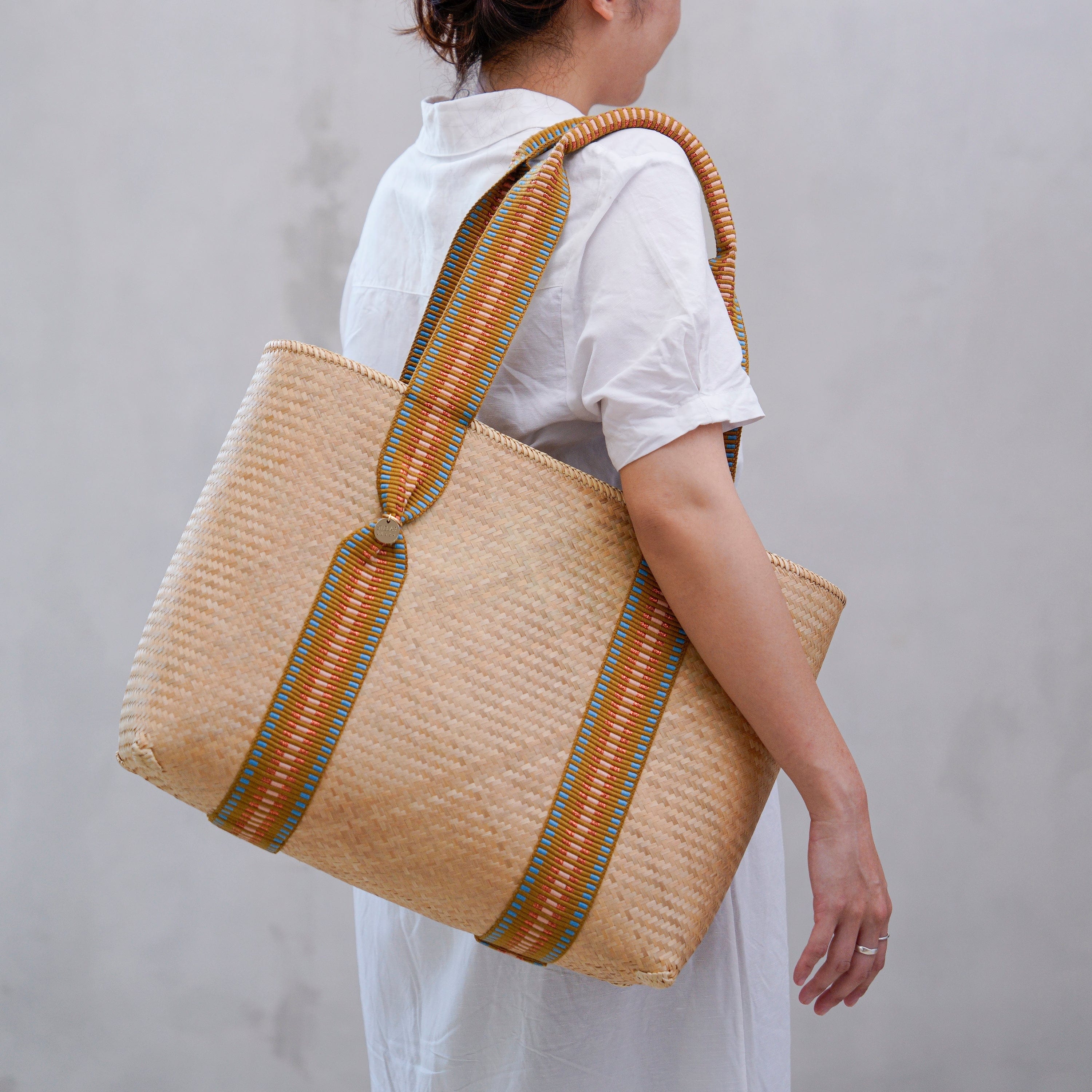 Mentawai Handwoven Bamboo Vegan Medium Tote Bag - Eco-Friendly Women's Shoulder Bag with Copper Stripe Design | Perfect for Beach, Shopping & Everyday Use