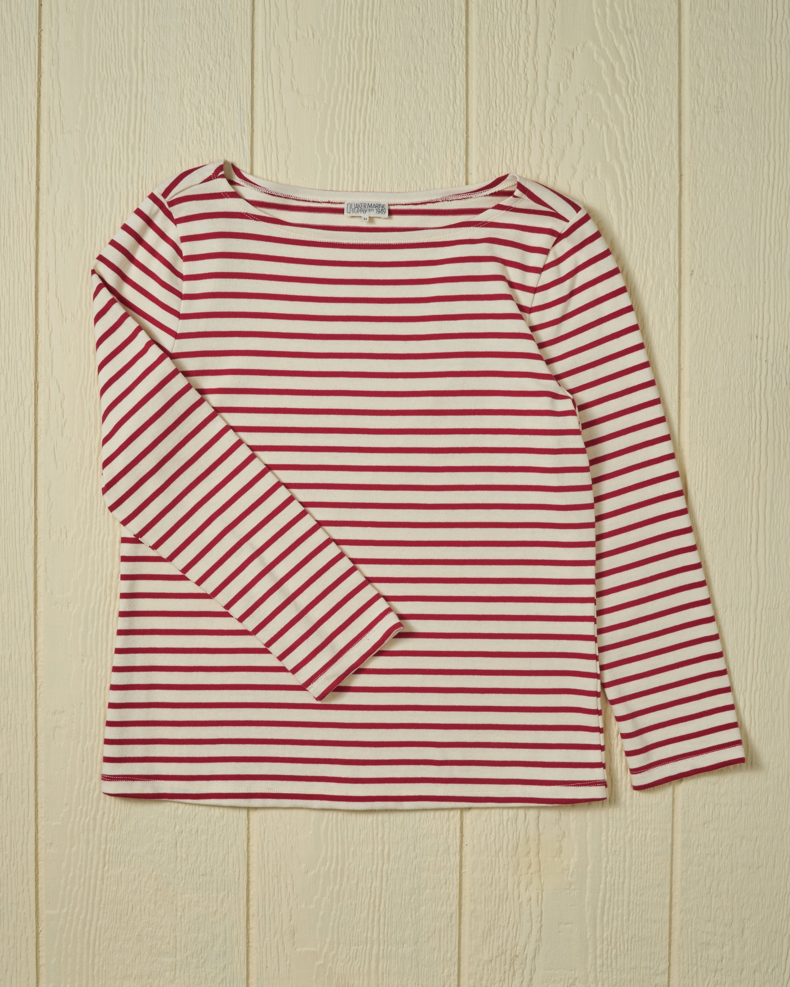 Women's Classic Breton Stripe Boatneck T-Shirt - Off White & Red Stripes | Casual French-Inspired Top for Everyday Wear, Layering & Outfits