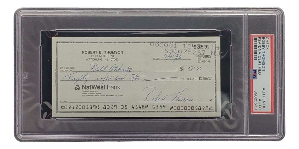 Authentic Bobby Thomson New York Giants Signed Bank Check with PSA/DNA Certification 85025539 - Perfect for Sports Memorabilia Collectors and Baseball Fans