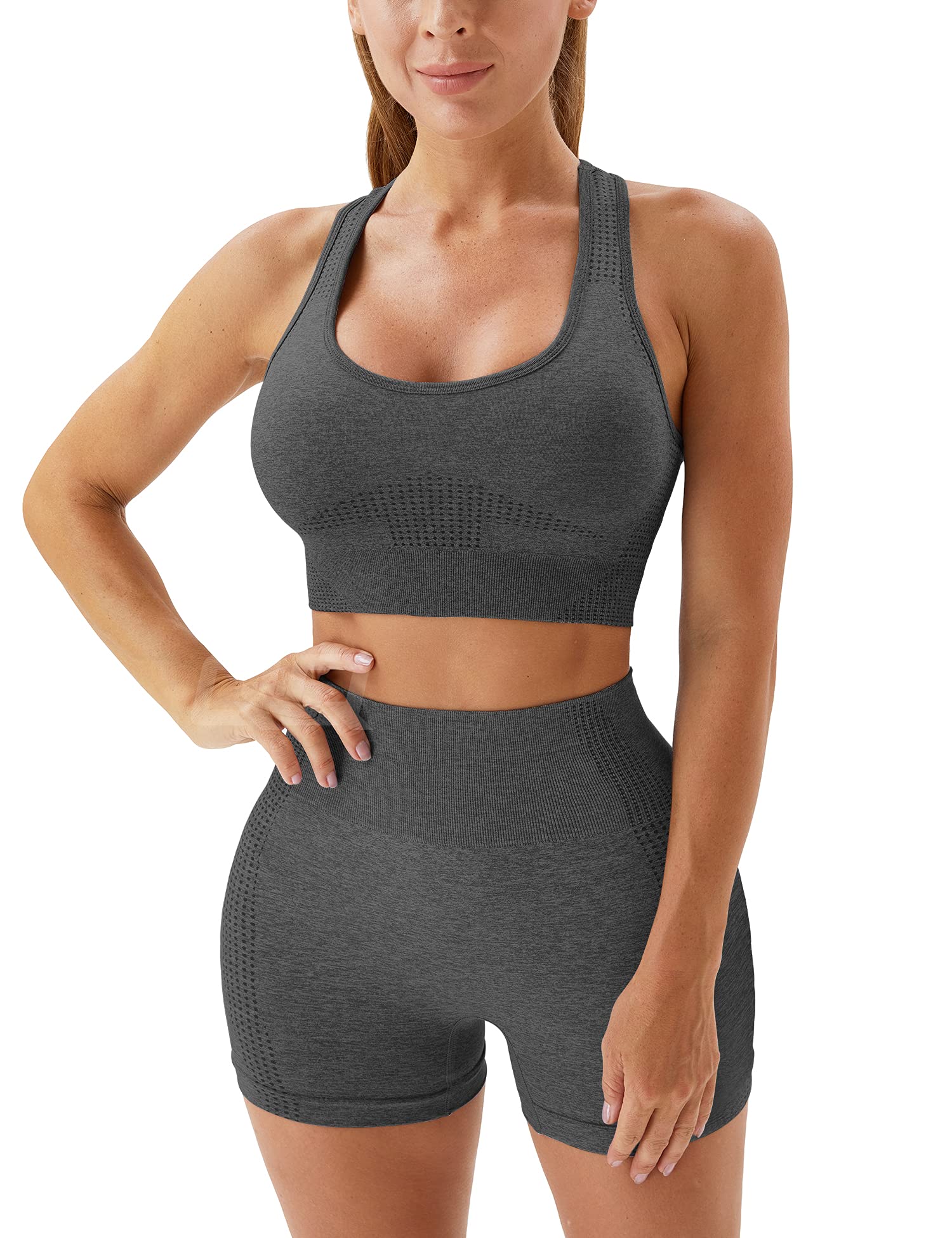 QOQ Women's 2-Piece Seamless Yoga Outfit Set - High-Waisted Workout Shorts & Sleeveless Sports Bra for Gym, Running & Fitness Training