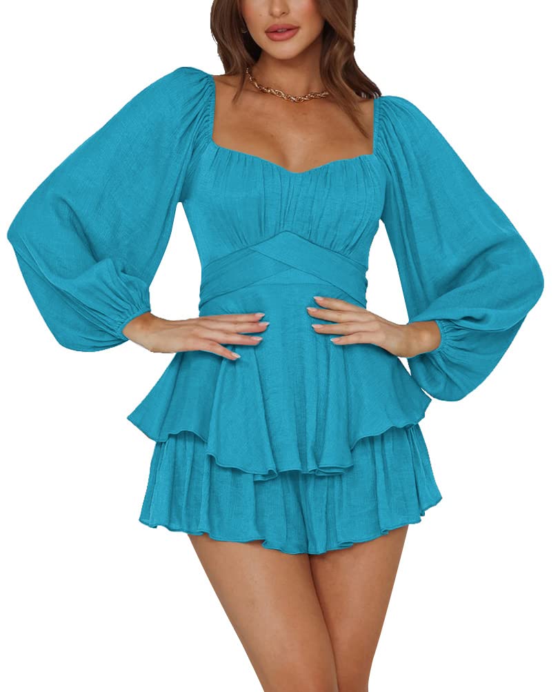 LYANER Women's Summer Jumpsuit - Lantern Sleeve Ruffle Layered Tie Mini Short Romper for Casual Outings & Beach Vacations