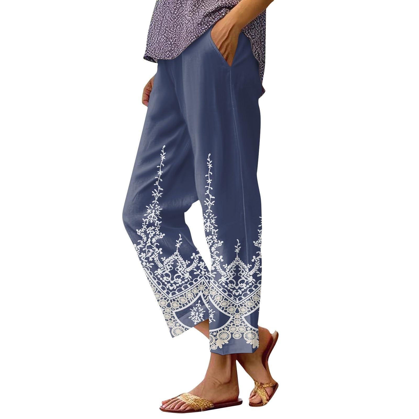 Women's High Waist Wide Leg Linen Pants with Pockets - Elastic Waistband, Striped Casual & Business Trousers for Work, Office & Everyday Wear