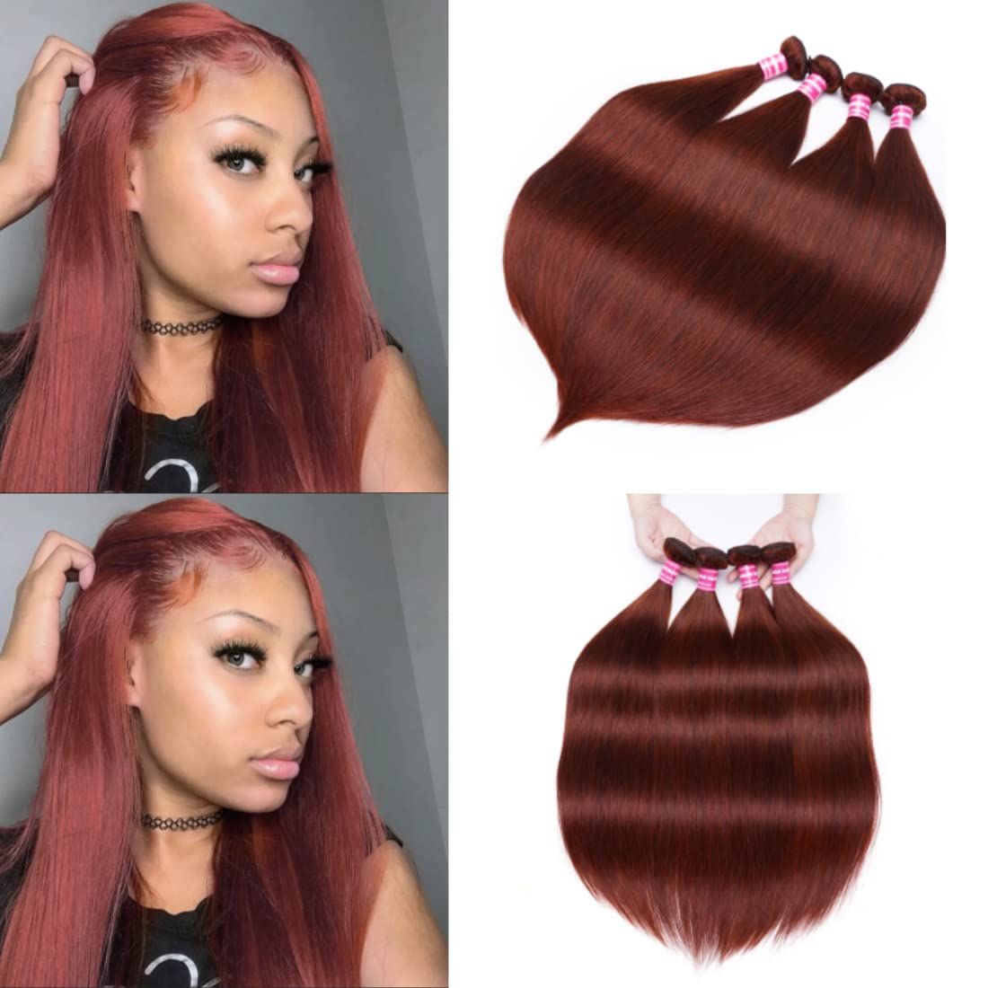 Brazilian Virgin Remy Human Hair Weaves - #33B Reddish Brown Straight Hair Bundles (8/10/12 Inch) 3-Pack for Women Sew-In Extensions | Natural Look for Daily Wear & Special Occasions