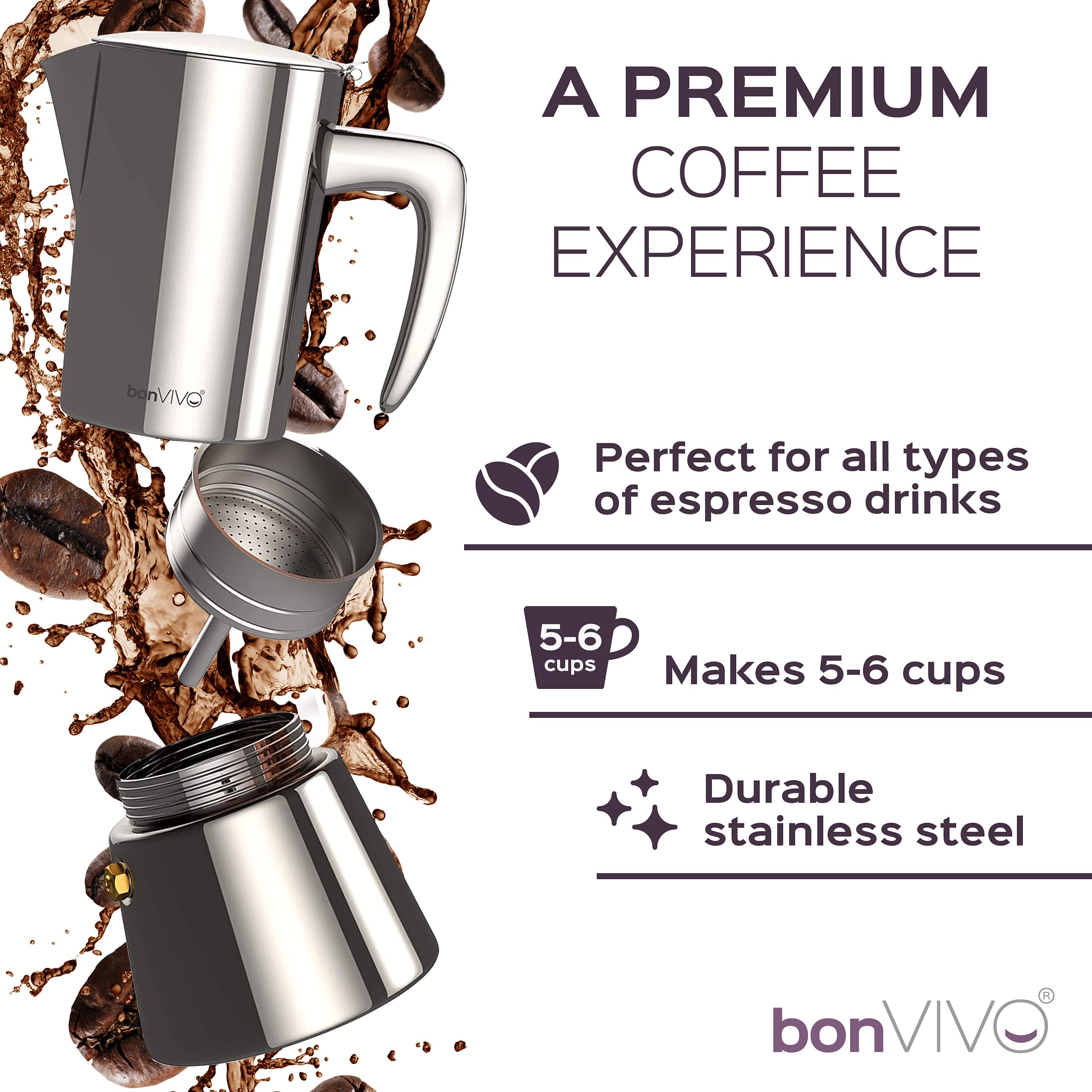 bonVIVO Intenca Stovetop Espresso Maker - Premium Stainless Steel Italian Moka Pot for Rich Coffee - 6 Cup Capacity (10oz) - Perfect for Camping, Home & Office Use - Durable Copper Finish