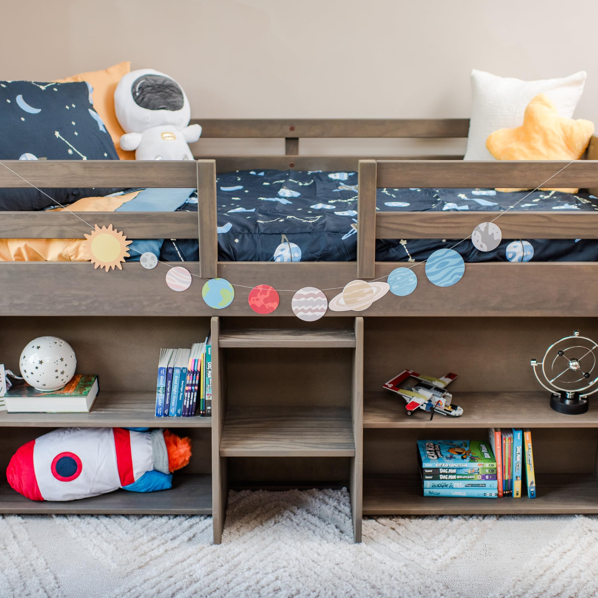 Modern Farmhouse Low Loft Twin Bed Frame for Kids with 2 Built-in Bookcases - Solid Wood Driftwood Finish - Space-Saving Study & Play Solution for Small Bedrooms