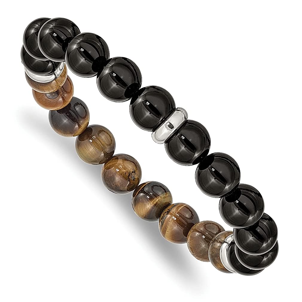ICE CARATS Stainless Steel 10.5mm Black Agate Tigereye Beaded Stretch Bracelet - Adjustable 7.25 Inch Wrap Bracelet for Men - Natural Stone Shell Wood Fashion Jewelry - Perfect Gift for Dad, Husband & Him - Ideal for Casual Wear, Office & Special Occasions