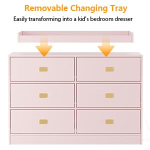 6-Drawer Nursery Dresser with Changing Table Top - Pink Baby Storage Organizer with Power Outlets & Removable Top | Perfect for Infant Bedrooms & Nursery Organization