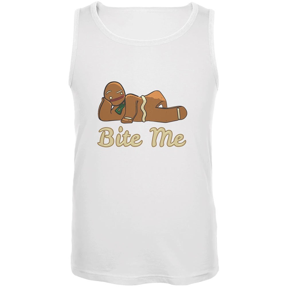 Old Glory Gingerbread Man 'Bite Me' White Adult Tank Top - Small | Funny Holiday Christmas Party Outfit