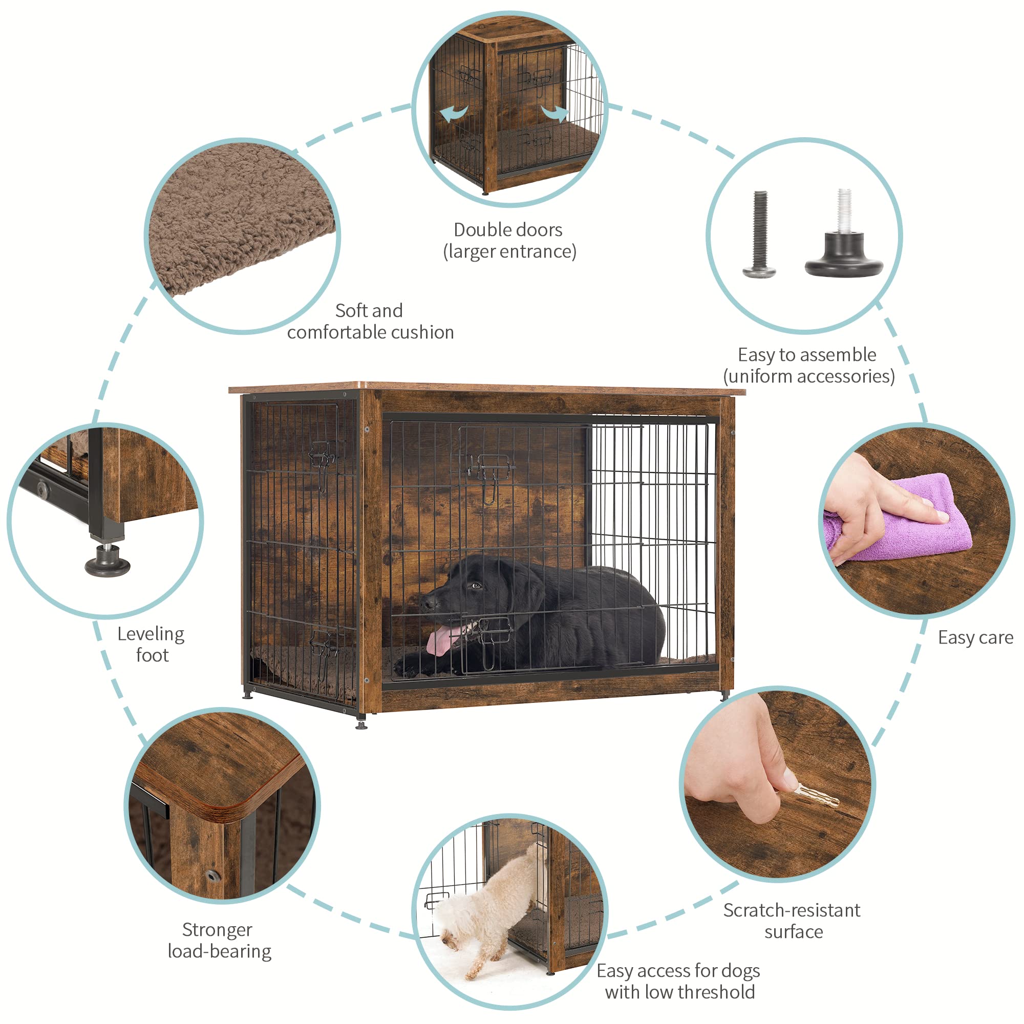 DWANTON Wooden Dog Crate Furniture with Cushion - Double Door Indoor Dog Kennel, Large Dog House & Cage (38.5