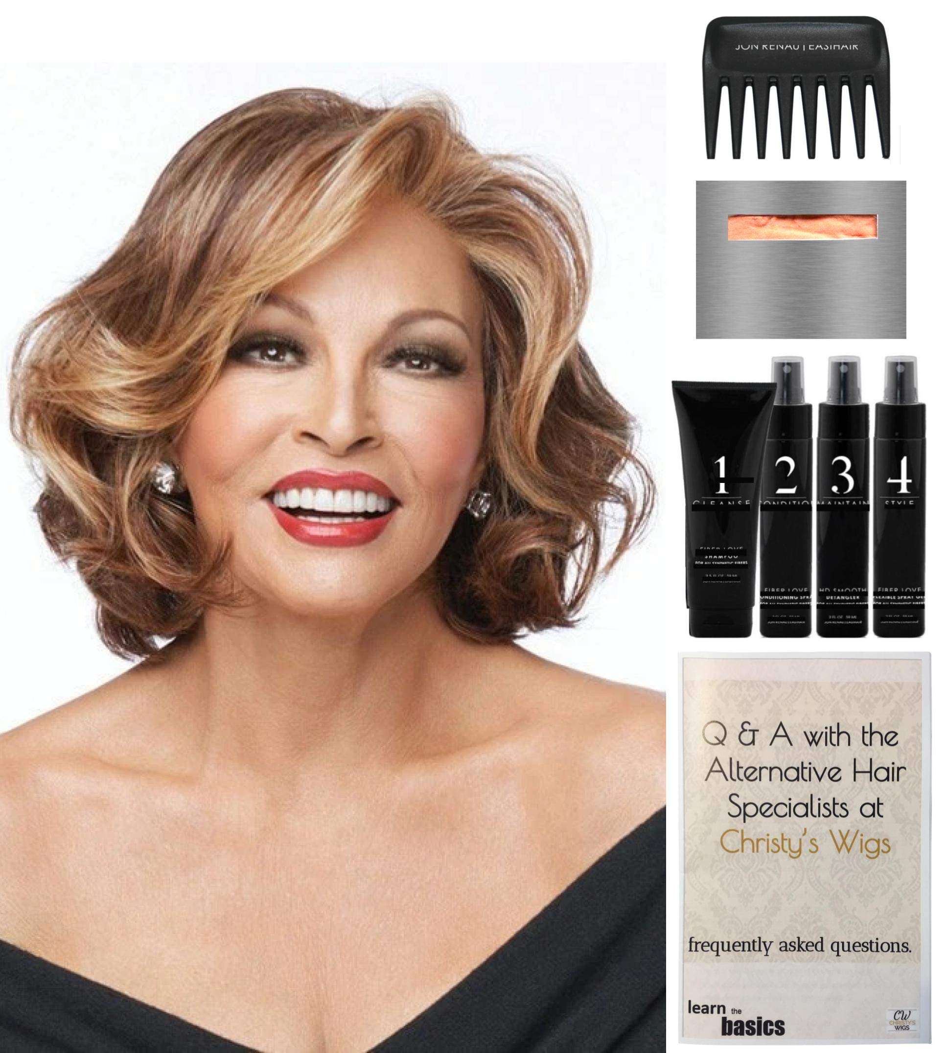 Raquel Welch Crowd Pleaser Wig Bundle - 8-Piece Set with Christy's Wigs Q&A Booklet, Travel Size Wig Shampoo, Conditioning Spray, Flexible Hold Spray, HD Smooth, Wide Tooth Comb & Wig Cap (Color RL12/22SS) - Perfect for Cosplay, Costume Parties & Everyday Wear
