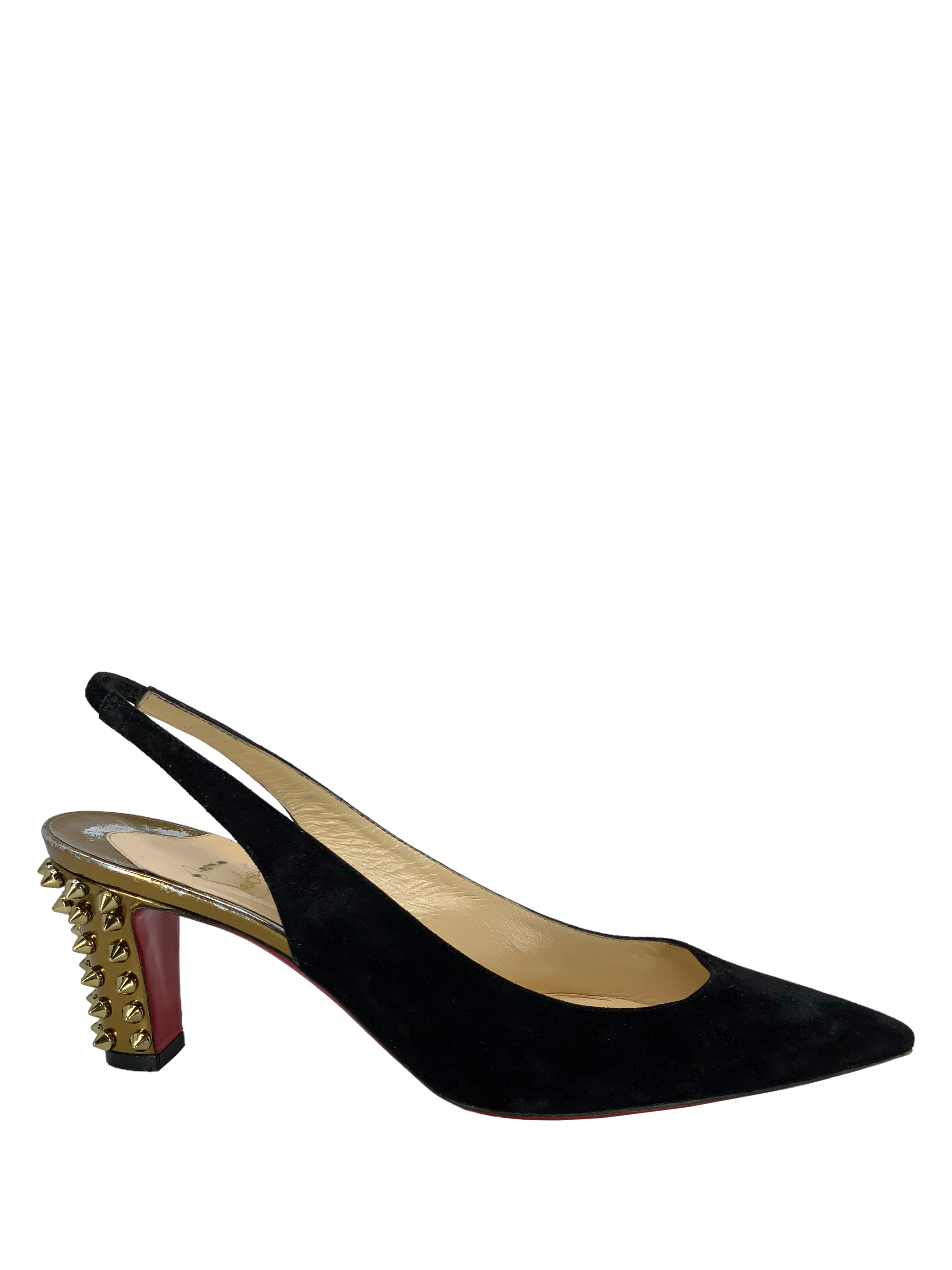 Christian Louboutin Black Suede Studded Heel Slingback Sandals - Women's Size 8.5 | Luxury Designer Shoes for Parties, Weddings & Special Occasions