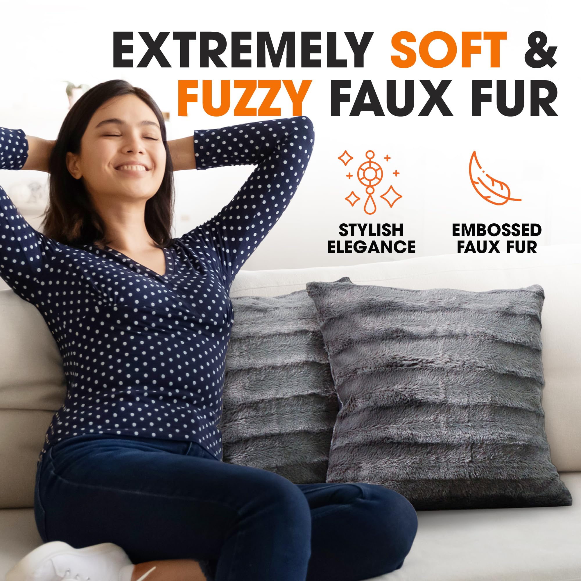 Cheer Collection Faux Fur Throw Pillows Set of 2 - 16x16 Inch Soft Grey Decorative Couch & Bed Pillows for Cozy Living Room & Bedroom Aesthetic - Perfect for Home Decor, Sofa Accents & Gift Giving