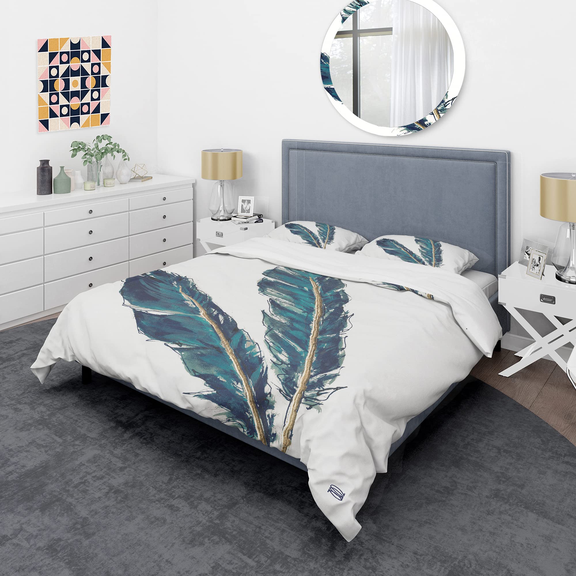 Bohemian Gold Feather Duvet Cover Set King - 3PC Animal Print Bedding for All Seasons