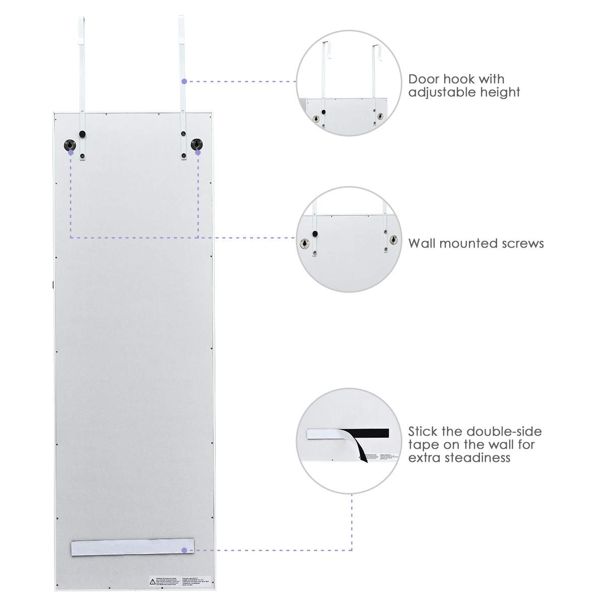 Wall Mounted Jewelry Armoire with LED Lights & Full-Length Mirror - Lockable Jewelry Cabinet Organizer with Drawers for Necklaces, Rings & Makeup Storage - Perfect for Bedroom Closet, Dressing Room & Vanity (White)