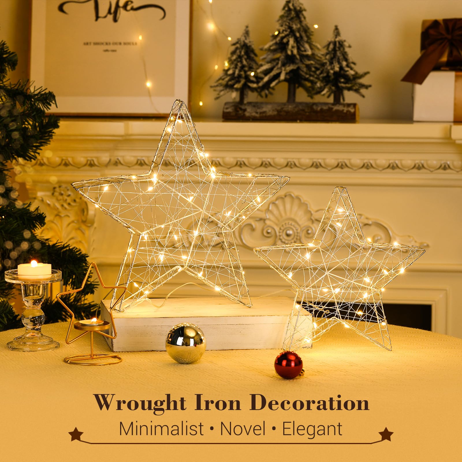 Lewondr 2-Pack Decorative Table Lamp - USB/Battery Powered Sparkling Star LED Desk Lamp with Timer, Wrought Iron Warm White Night Light for Bedroom, Nightstand, Christmas Decor (Silver) | Perfect for Bedside Reading, Holiday Decorations & Cozy Ambience