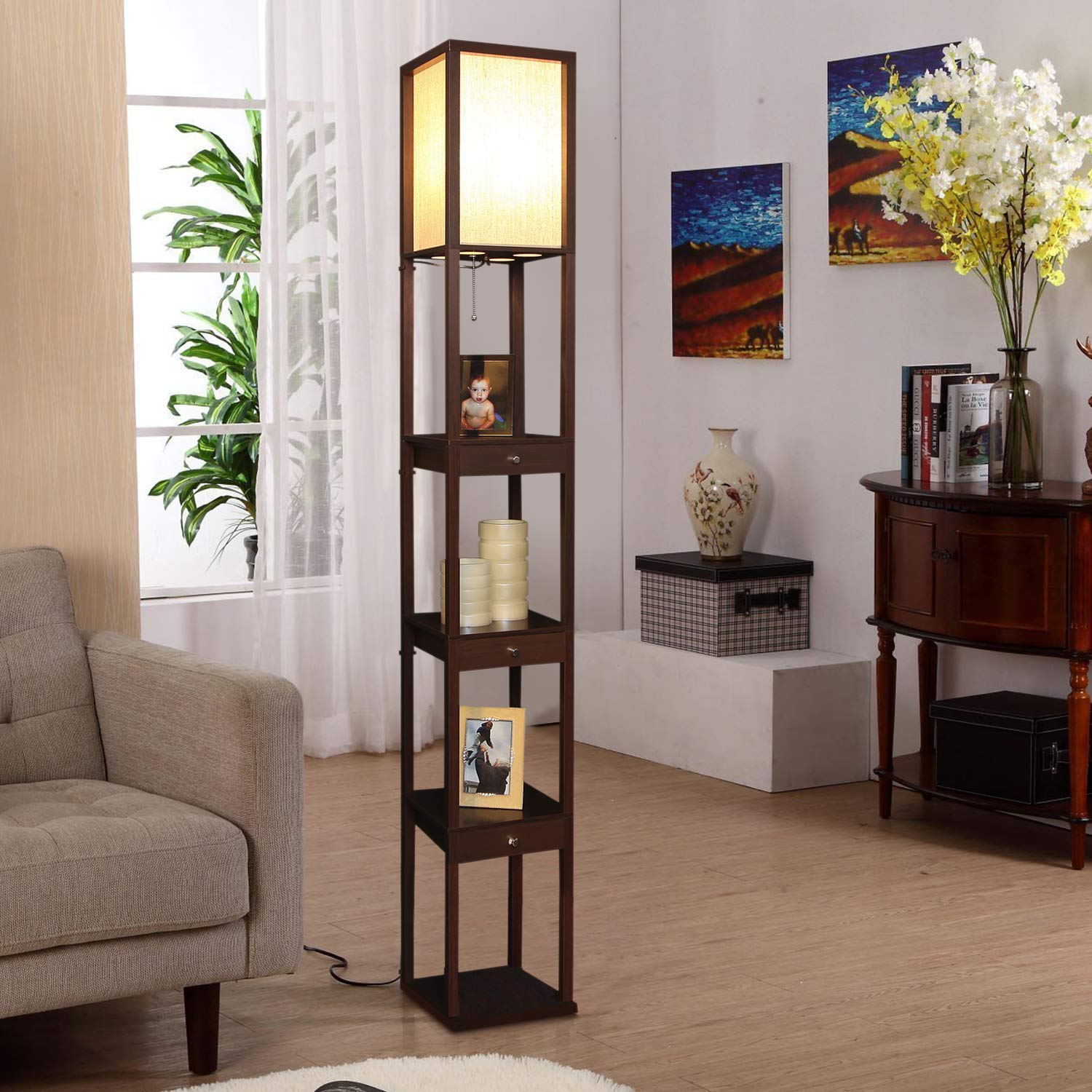 Brightech Maxwell Modern LED Floor & Table Lamp Set of 2 with USB Port & Storage Drawers - Wood Frame Bedside Lamp with Soft Ambient Lighting - Perfect for Bedroom Nightstand & Living Room Accent Lighting - Home Office Reading Lamp with Convenient USB Charging