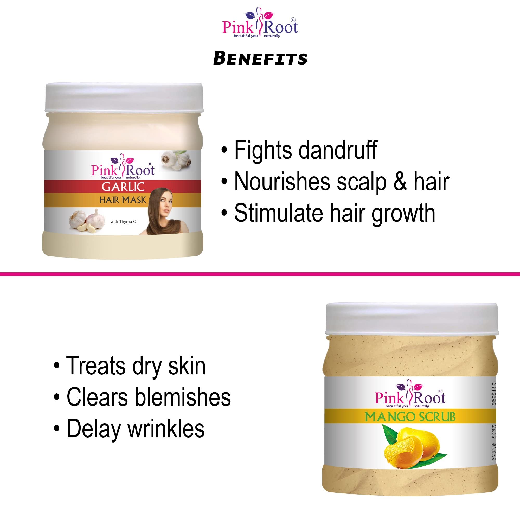 Pink Root Garlic Hair Mask & Mango Scrub Set - 500ml Each for Deep Nourishment & Scalp Exfoliation - Perfect for Damaged Hair Repair & Dandruff Treatment at Home