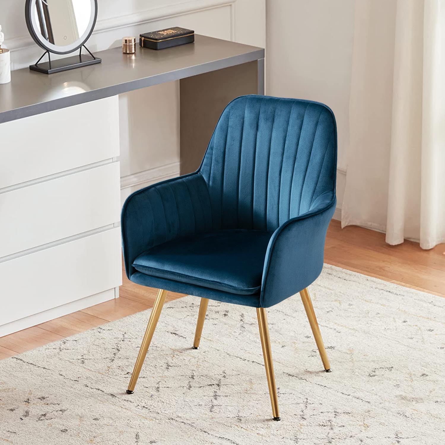 Velvet Accent Chair - Modern Tufted Armchair for Home Office, Living Room & Bedroom - Blue Velvet Upholstery with Golden Metal Legs - Perfect for Reading Nook, Dining Area or Cozy Corner Decor