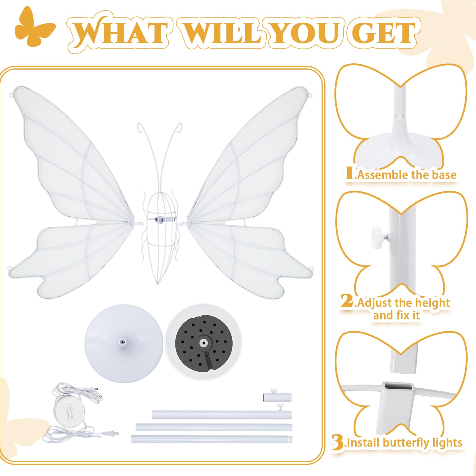 60cm White LED Butterfly Floor Lamp - Elegant Wedding Decor for Bridal Party, Event Centerpiece & Home Lighting - Romantic Ceiling Hanging Light for Bedroom, Living Room & Outdoor Events (23.6 Inch)