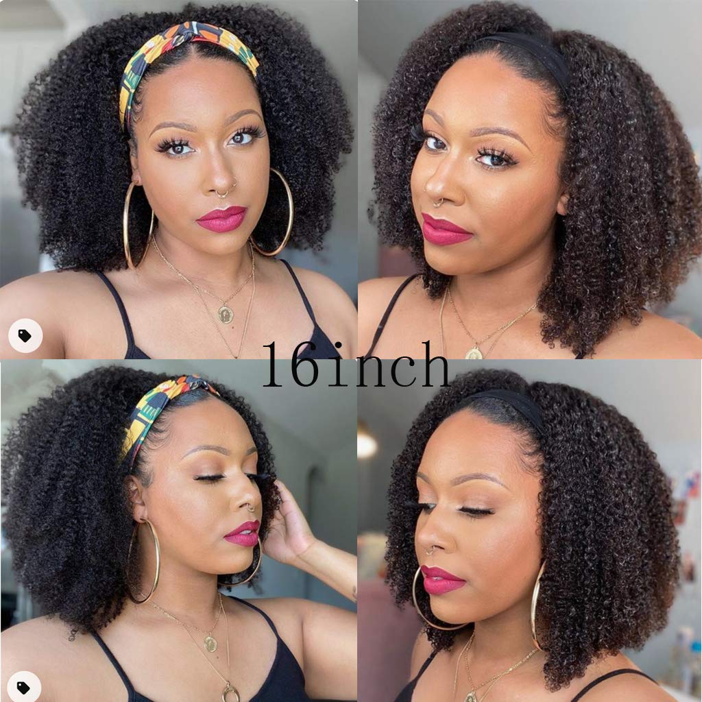 Afro Kinky Curly Human Hair Wig - Glueless No Lace Front Half Wig 150% Density Brazilian Virgin Hair Machine Made 14 Inch Large - Perfect for Cosplay, Daily Wear & Protective Hairstyles