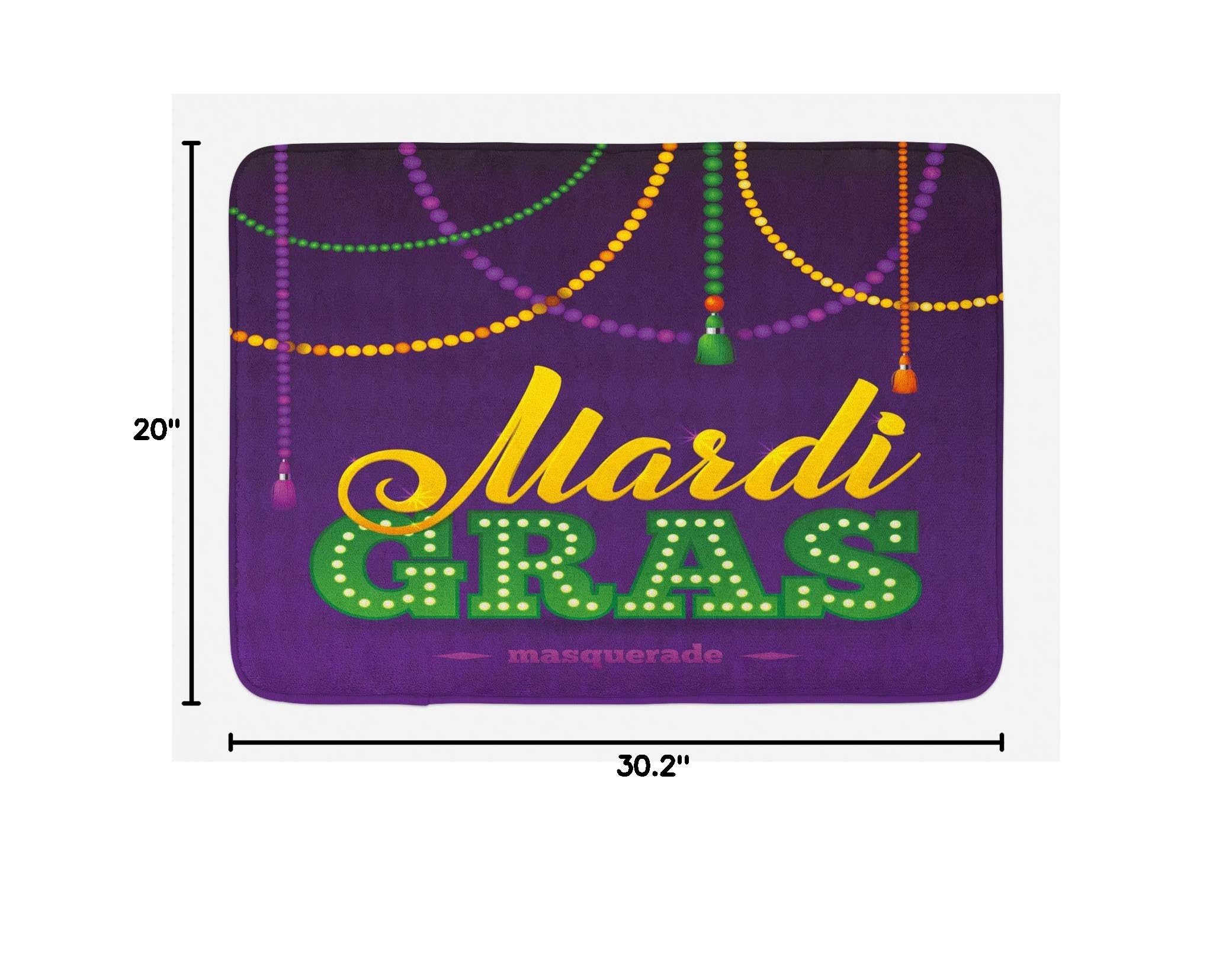 Ambesonne Mardi Gras Bath Mat - Beads & Tassels Masquerade Theme Calligraphy Design, Non-Slip Plush Bathroom Rug 30x20 Inches, Fern Green & Marigold - Perfect for Festive Bathroom Decor & Themed Parties