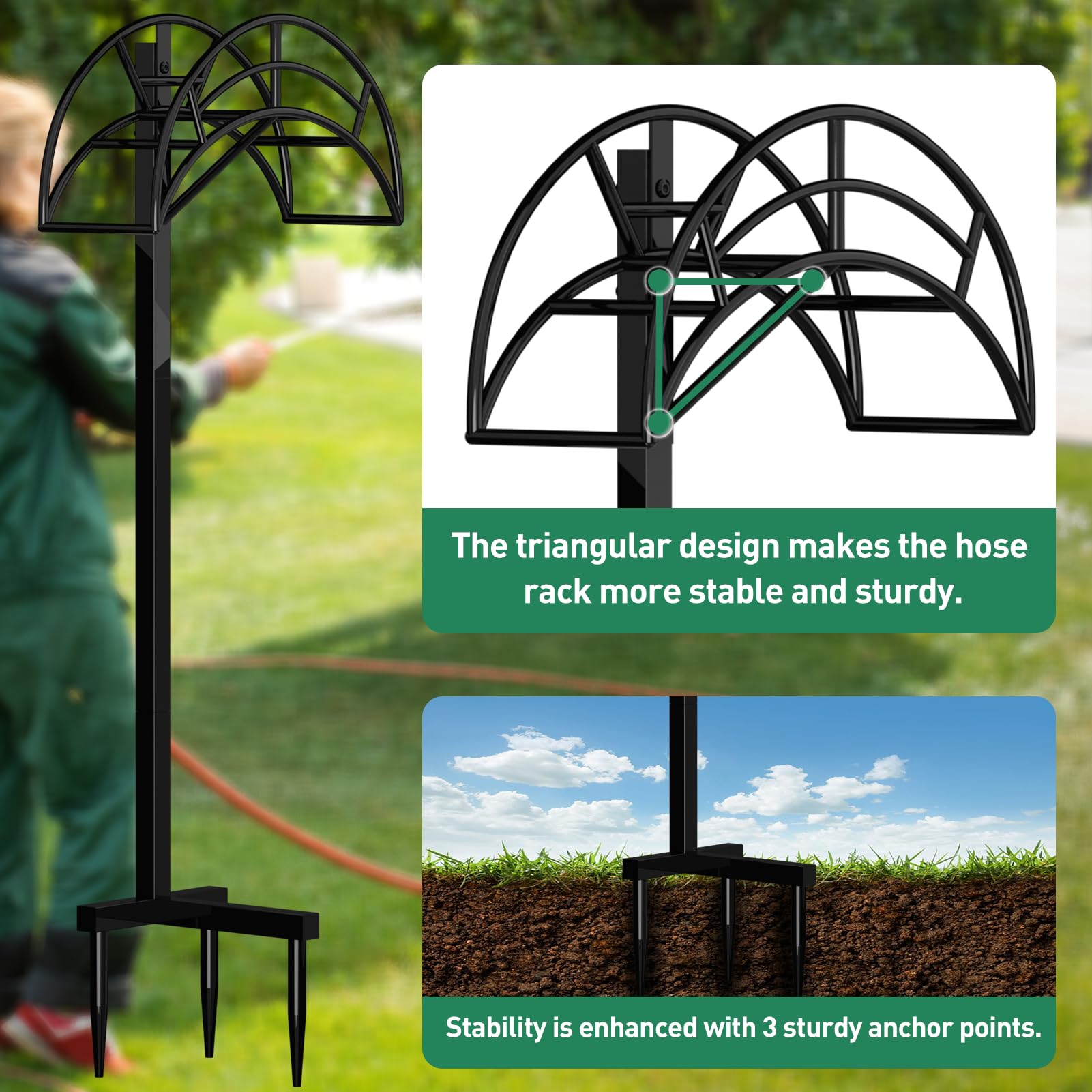 ROSSNY Heavy Duty Metal Hose Stand - Detachable Freestanding Garden Hose Holder with 3 Long Spiky Feet for Outdoor Use | Durable Hose Hanger & Storage Solution for Lawn, Yard, and Garden Watering Needs