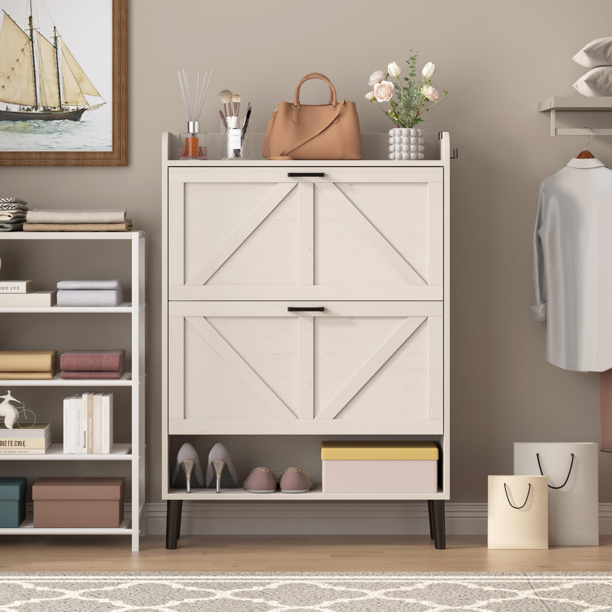 HOMEFORT Slim Shoe Storage Cabinet with 2 Flip Drawers - Narrow Entryway Shoe Organizer with Wood Legs, Farmhouse Hidden Shoe Rack for Front Door Entrance - Antique White - Perfect for Small Spaces & Clutter-Free Entryways