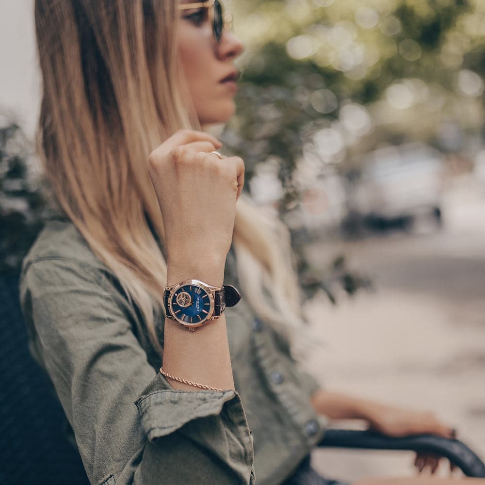 Aries Gold Blue Dial Women's Watch with Brown Leather Strap - L 9023 RG BU - Elegant Timepiece for Office, Party & Everyday Wear
