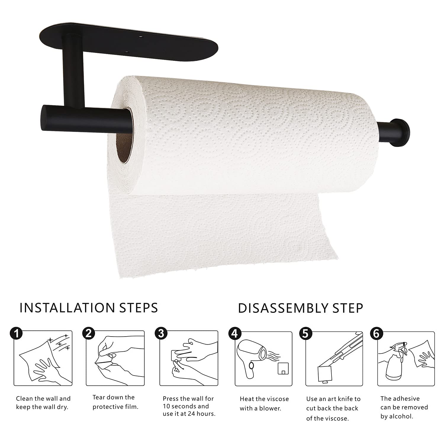 Black Paper Towel Holder for Kitchen - Under Cabinet Mount with Adhesive & Screws - Stainless Steel Roll Holder for Bulk Paper Towels - Perfect for Countertop & Cabinet Organization