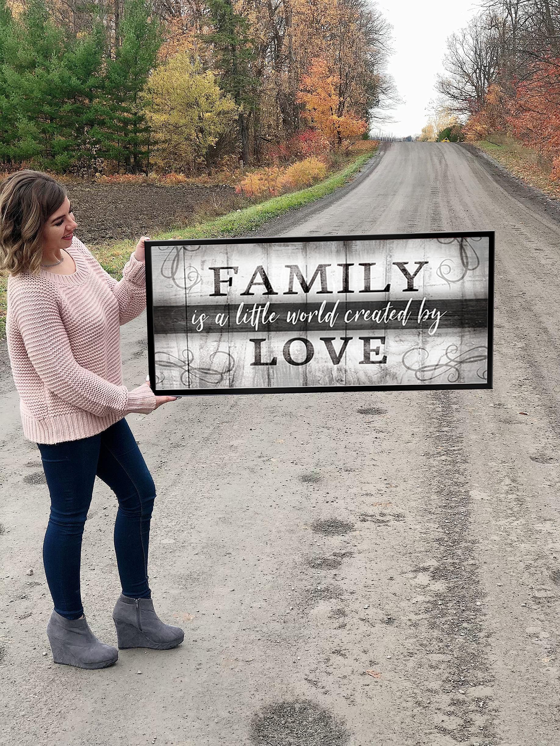Family Is A Little World Sign - Framed Wall Art for Living Room & Farmhouse Decor - Large Canvas Wall Art with Grey & Black Floating Frame (42x19) - Perfect for Family Room, Home Décor & Gift Ideas
