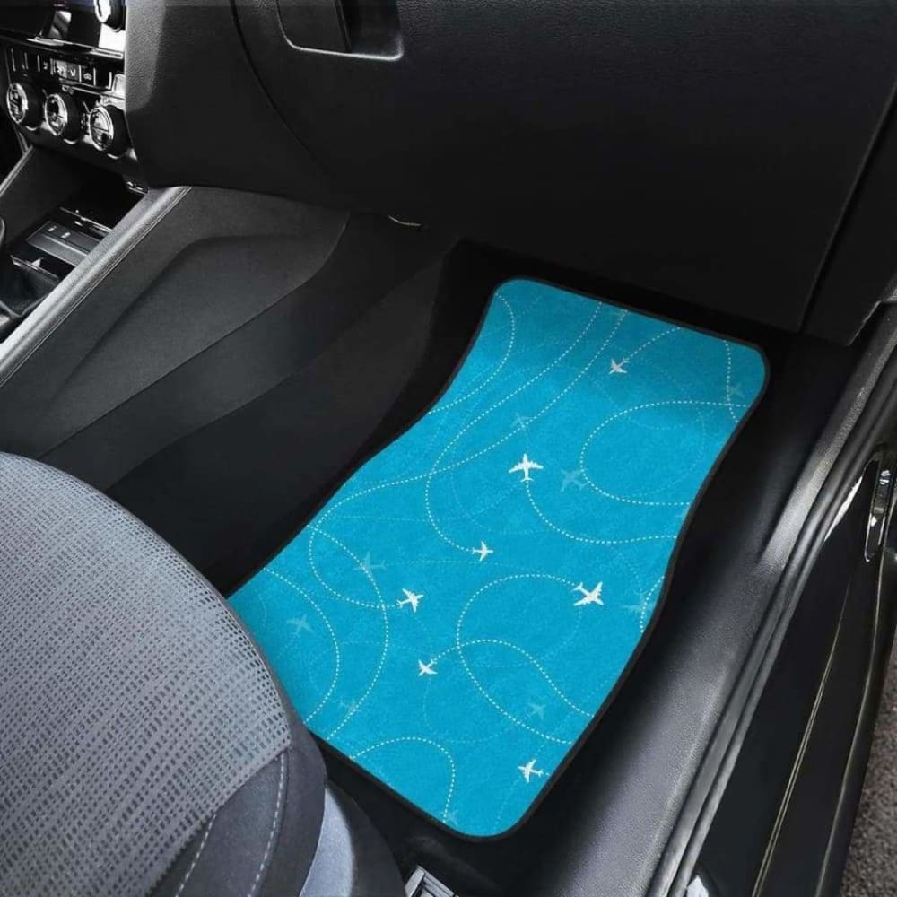 Premium Car Floor Mats with Airplane Destinations Blue Background - Non-Slip Front & Back Seat Protection - Perfect for Travel Enthusiasts & Road Trips