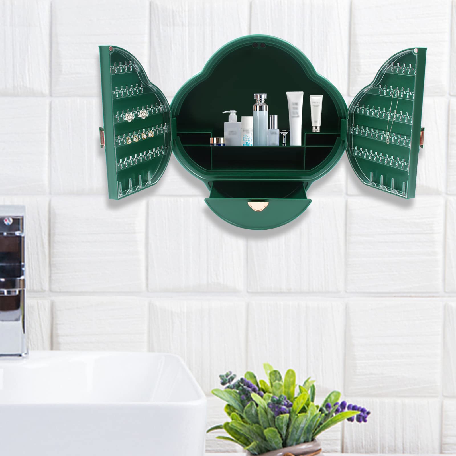 Wall Mounted Bathroom Cabinet - Plastic Storage Organizer with Doors for Kitchen & Bathroom - Green (Home Decor & Space Saving)