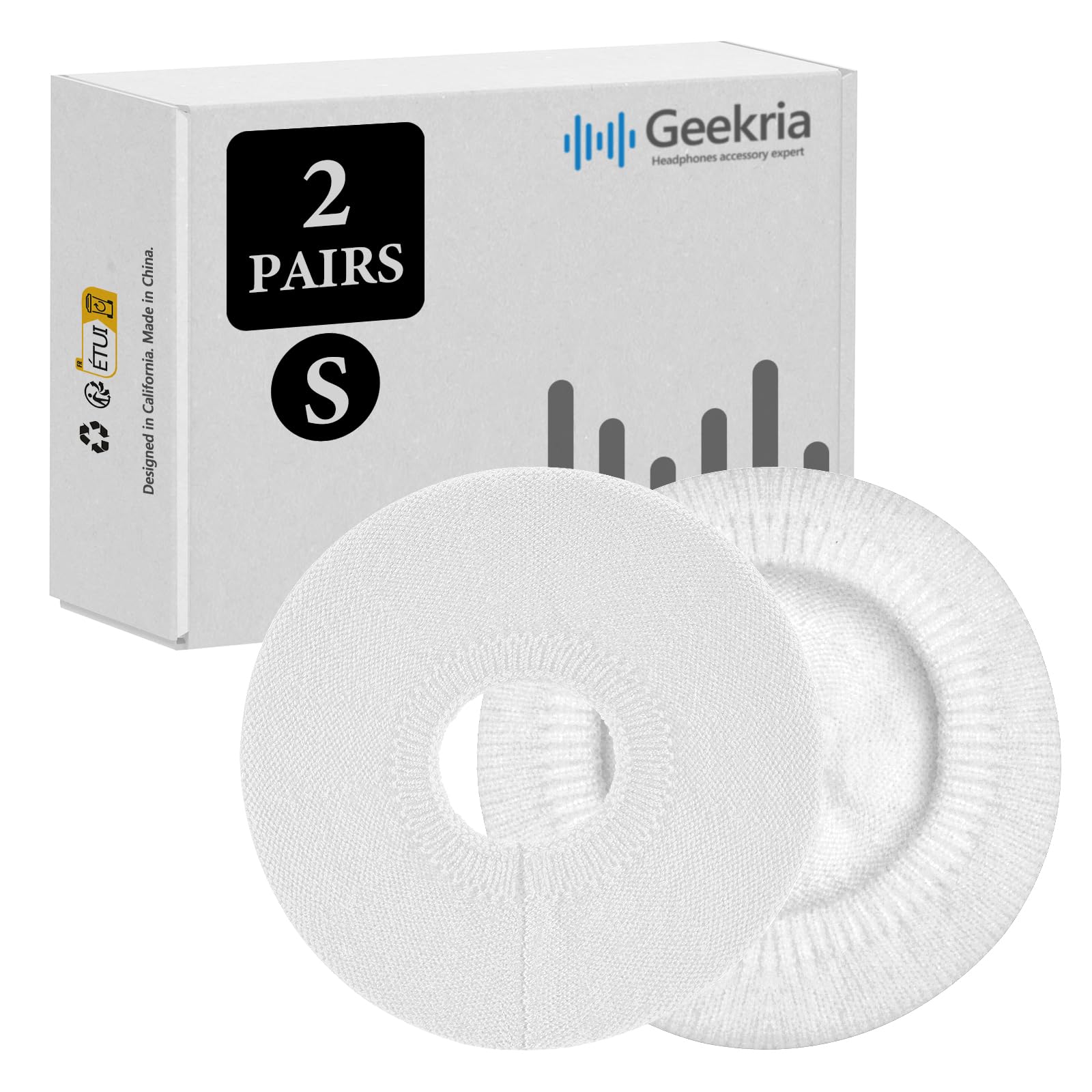 GEEKRIA 2 Pairs Stretchable Headphone Ear Covers - Washable Fabric Earpad Protectors for On-Ear Headphones, Sweatproof & Comfortable (Size S/White) - Perfect for Workouts, Gaming & Travel