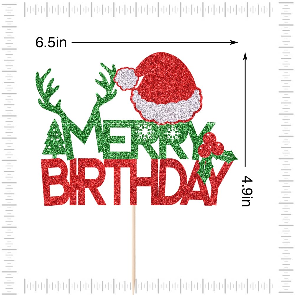 Merry Birthday Cake Topper - Red & Green Glitter Christmas Cake Decorations for Holiday Parties | New Year, Christmas, Winter & Baby Shower Celebration Supplies | Perfect for Christmas Desserts, Birthday Cakes & Festive Gatherings