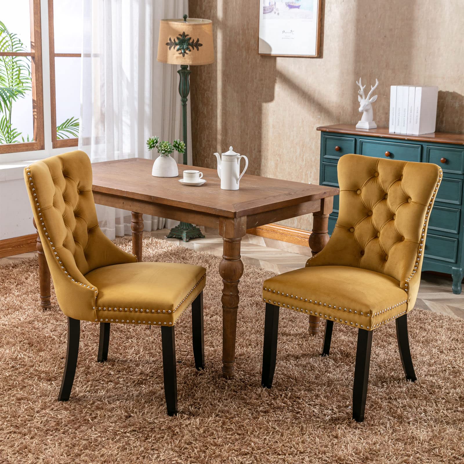 Luxury Velvet Dining Chairs Set of 4 - Tufted Back with Nailhead Trim & Ring Pull Details, Solid Rubberwood Legs, Armless Side Chairs for Kitchen, Dining Room, Home Decor (Gold) | Perfect for Modern Farmhouse, Apartment Dining, and Elegant Entertaining Spaces