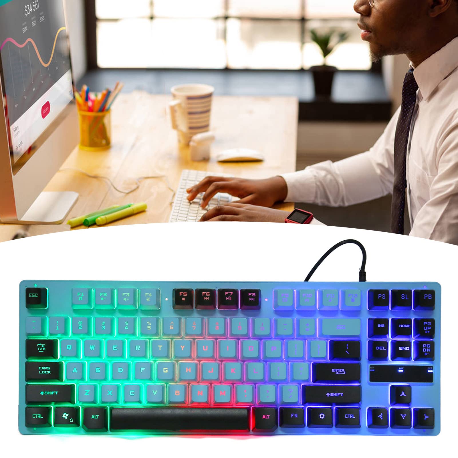 Bewinner RGB Backlit Wired Gaming Keyboard - 87 Anti-Ghosting Keys, Ergonomic Design for PC, Mac OS X, Windows 10/8/7/XP (Blue Black) - Perfect for Esports, Streaming & Office Work