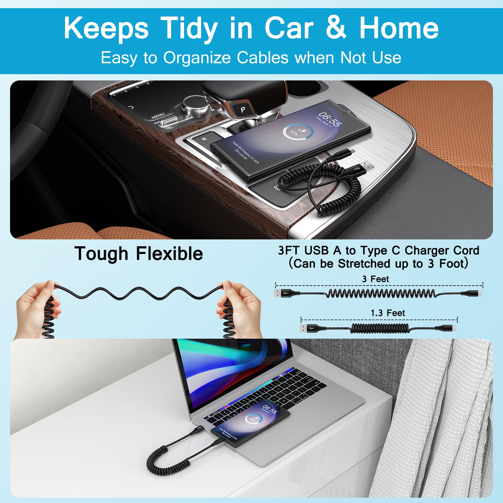 Samsung S24 Ultra FE Coiled USB C to USB A Fast Charging Cable - 3FT Retractable Charger Cord for Galaxy S24+/S23/S22/S21/S25+, iPhone 16/15 Pro Max Plus, Google Pixel 9/8/7/6 - Perfect for Car, Home & Travel Charging