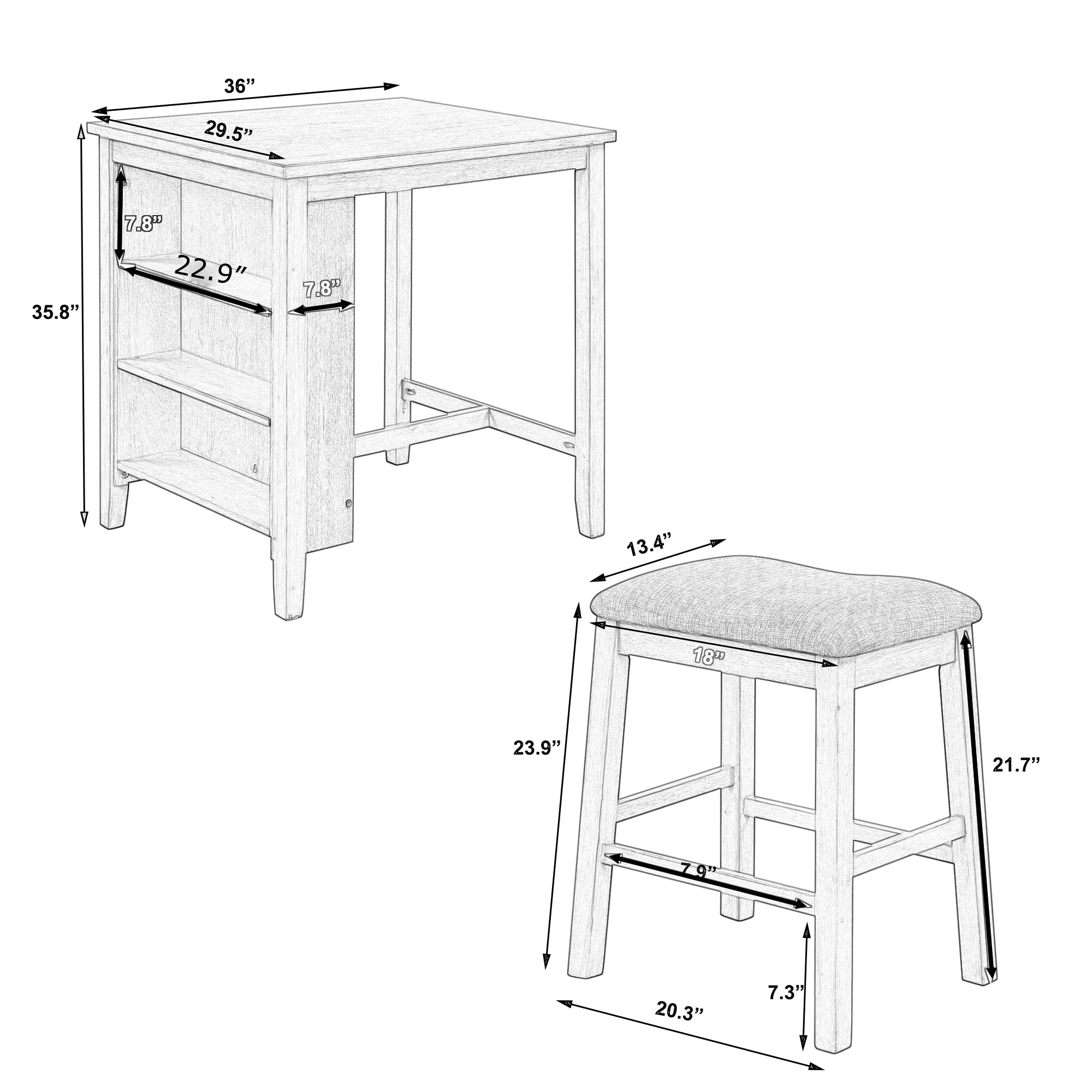 3 Piece Wooden Dining Table Set with 3-Tier Storage Shelf & Padded Stools - Compact Bar Pub Table for Small Spaces, Rustic Farmhouse Counter Height Set, Dark Gray (36