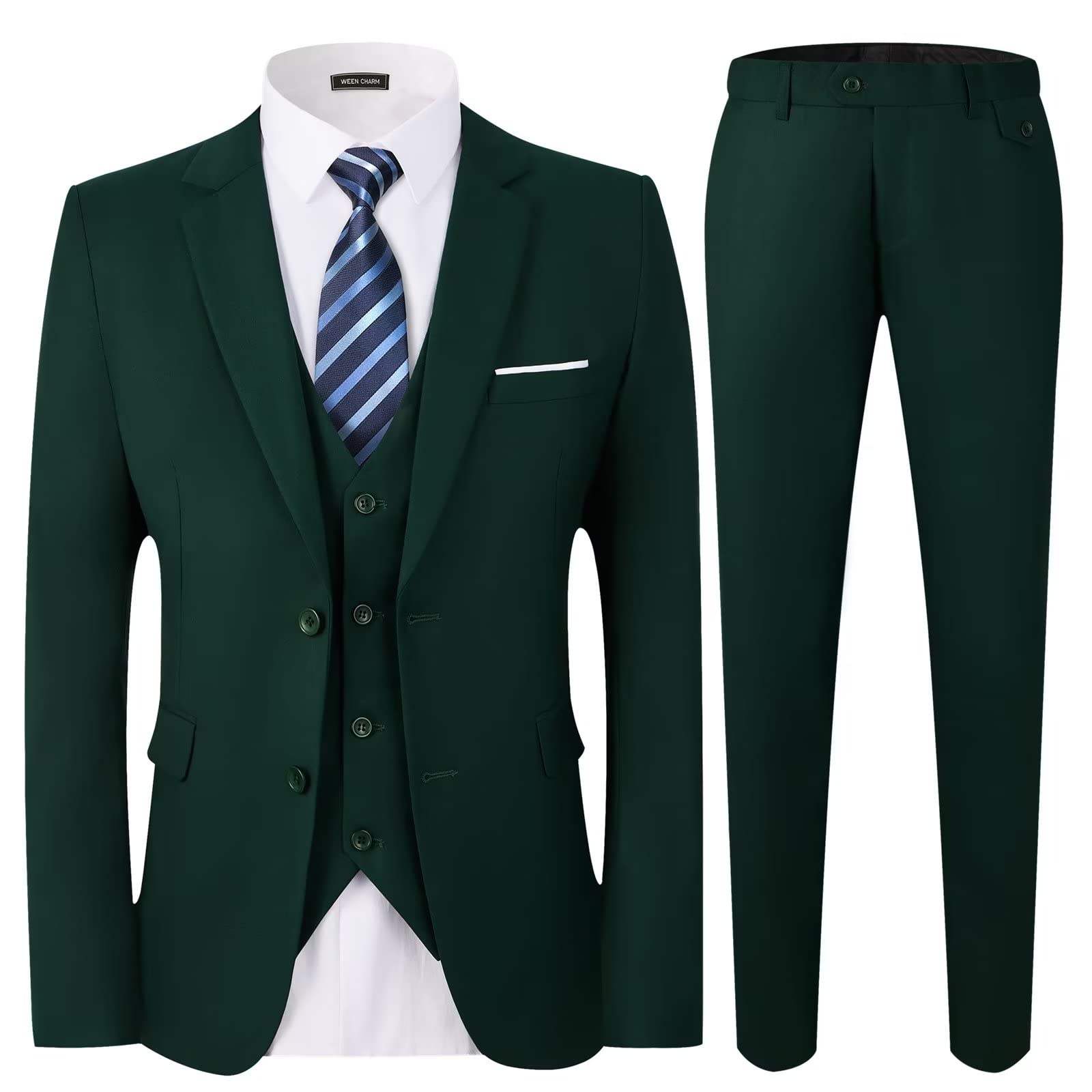 WEEN CHARM Men's Slim Fit 3-Piece Suit Set - 2 Button Blazer, Vest & Pants with Tie - Formal Business Wedding Tuxedo Outfit for Office, Prom & Special Occasions