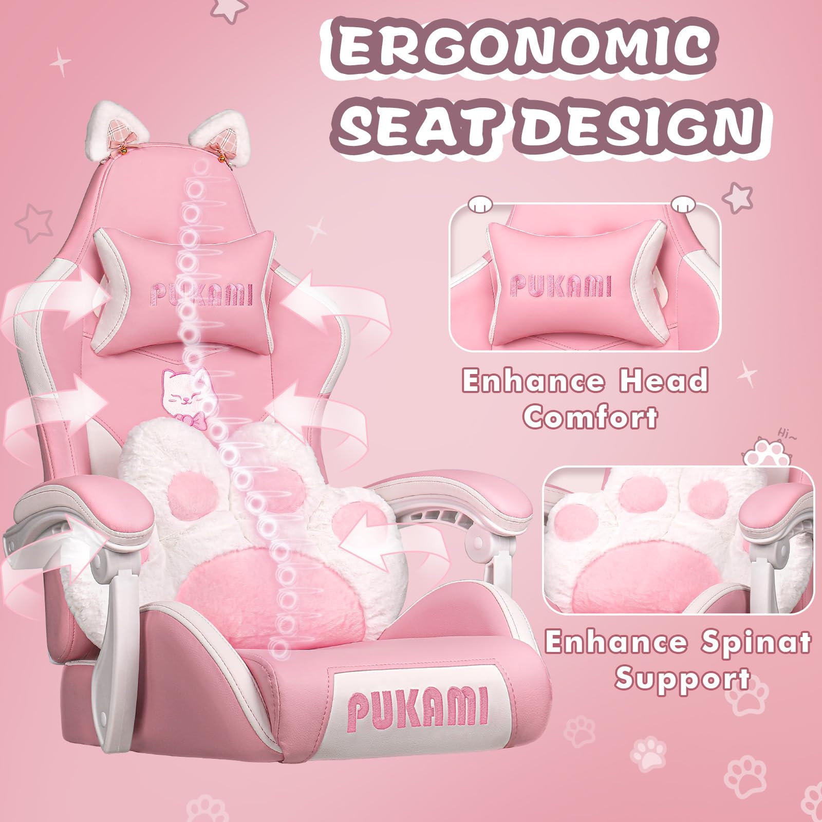 **PUKAMI Pink Gaming Chair with Cat Ears & Footrest - Ergonomic Reclining Computer Chair for Girls, Kawaii Cat Paw Cushion Included - Perfect for Gaming, Streaming, and Home Office**