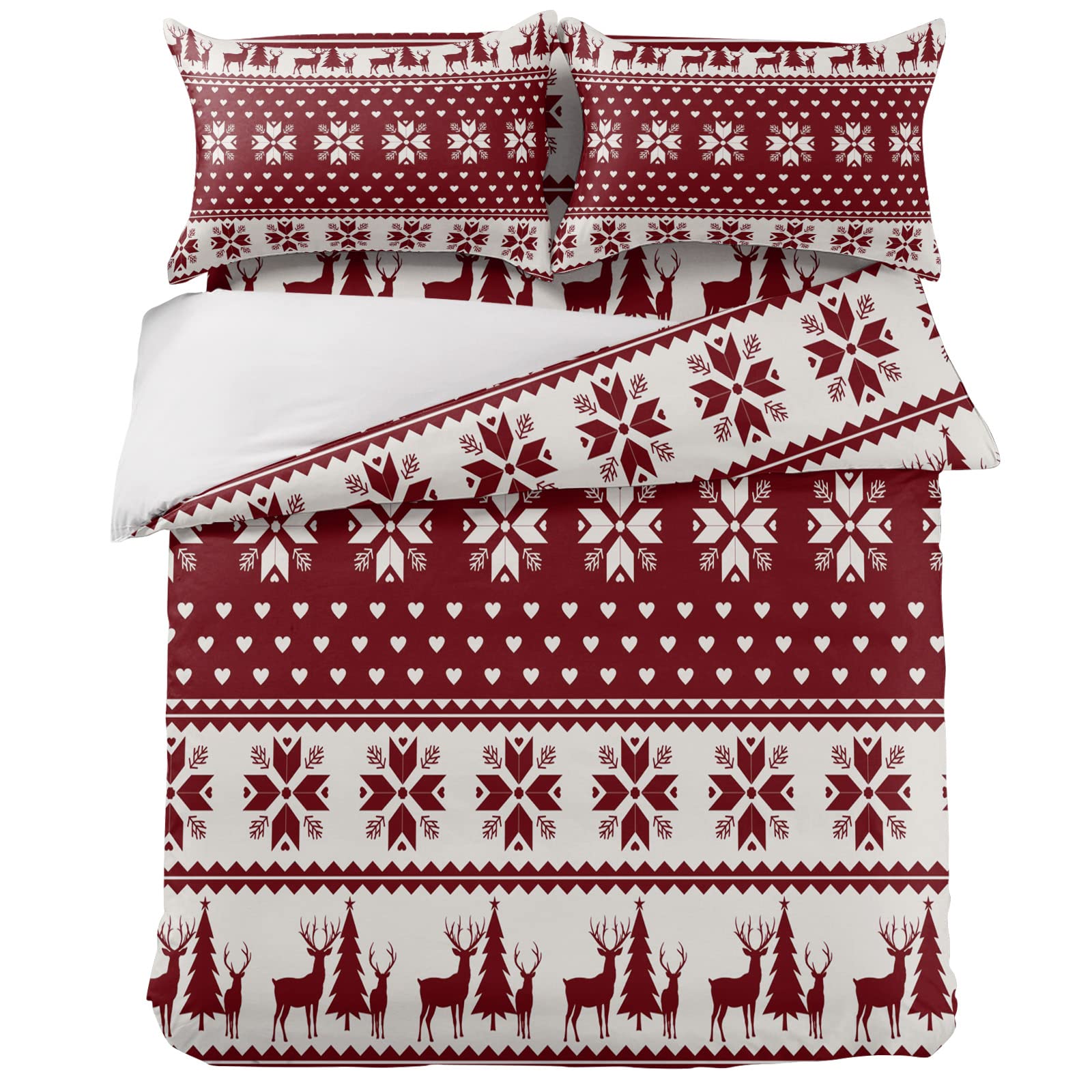 4-Piece Twin Duvet Cover Set with Pillow Shams - Ultra Soft Breathable Comforter Cover, Flat Sheet & Decorative Snowflake Design - Christmas Winter Bedding in Red Geometric Elk Pattern for Cozy Holiday Decor