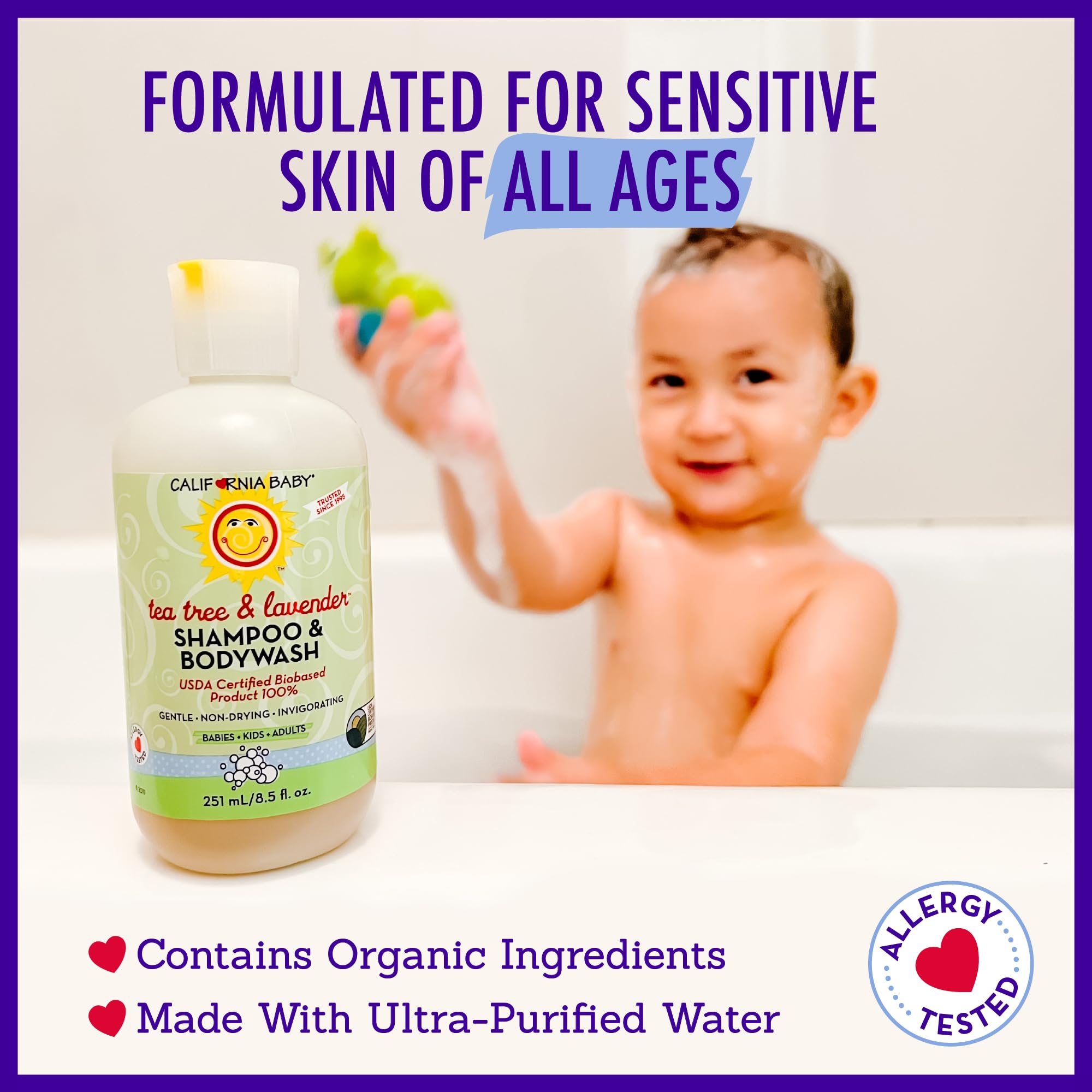 California Baby Tea Tree & Lavender Shampoo & Body Wash - USDA Certified Organic, Allergy Tested, 100% Plant-Based Baby Soap for Dry & Sensitive Skin - Gentle Toddler & Newborn Wash (8.5 fl oz) - Perfect for Daily Bath Time & Sensitive Skin Care