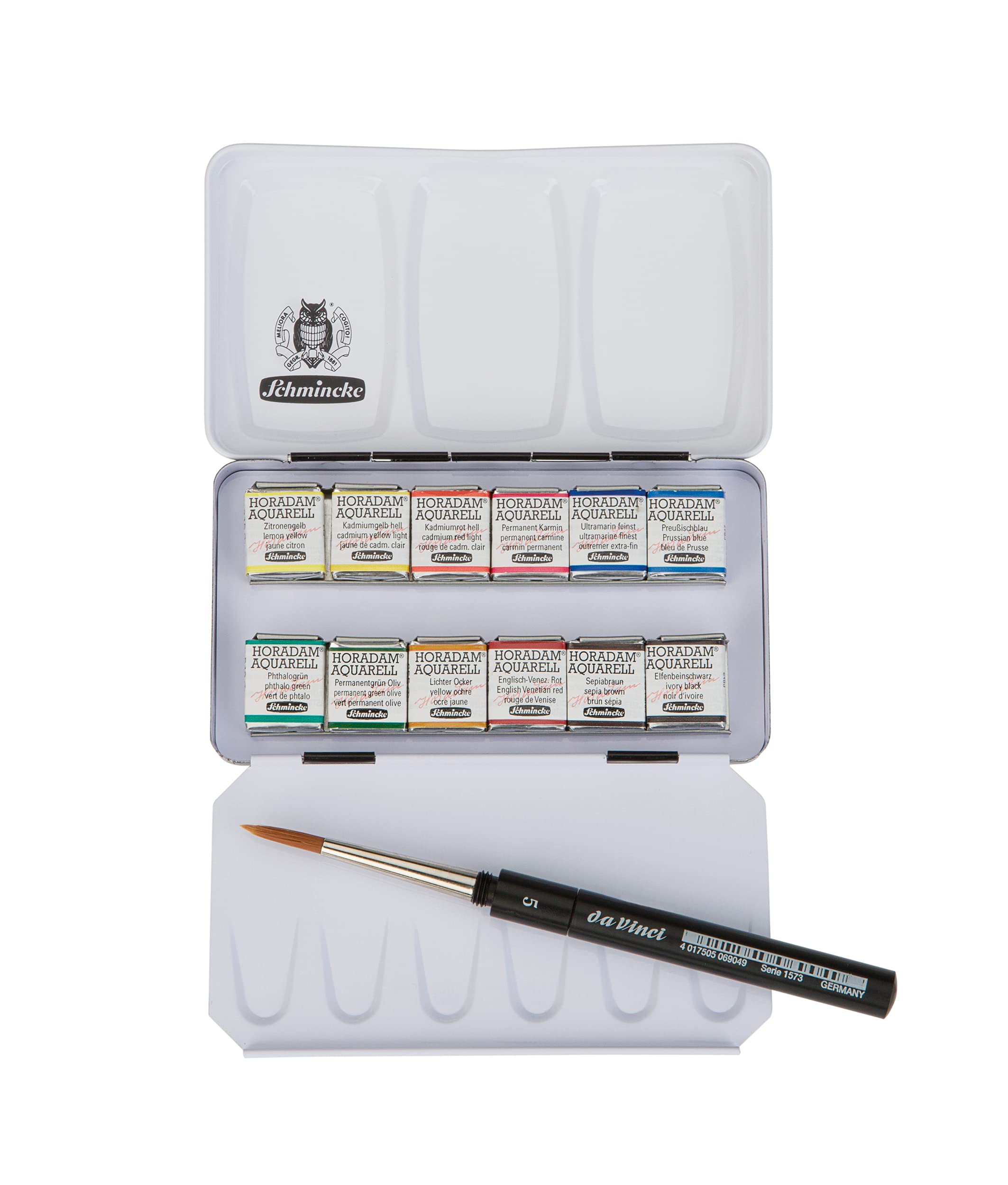 Schmincke HORADAM AQUARELL 12 Half-Pan Watercolor Set with Metal Box & Davinci Brush - Professional Artist Grade Watercolors for Painting, Sketching & Travel Art Supplies