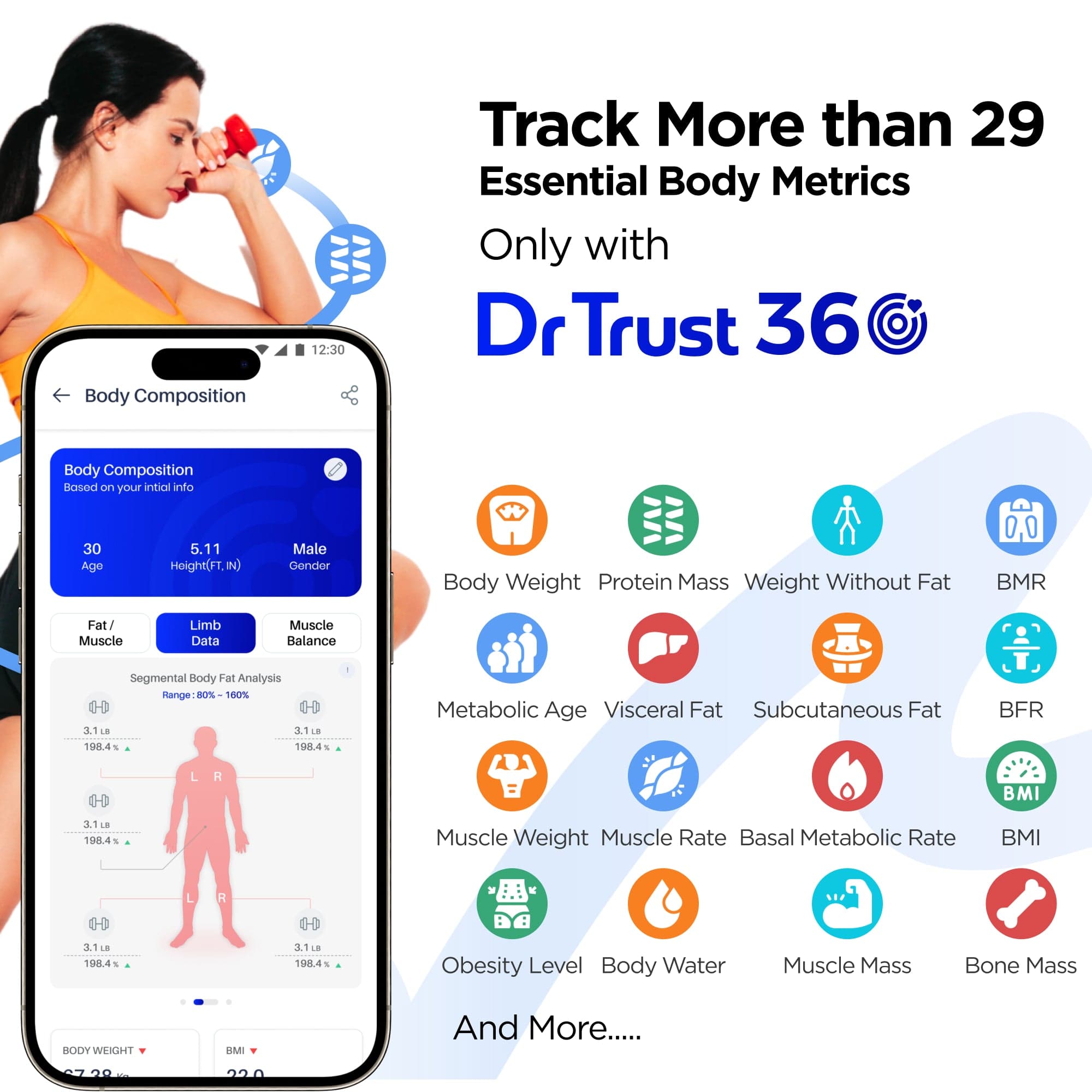 Dr Trust USA 532 Digital Body Weight Scale with BMI & Body Fat Analyzer - 8 Electrode Smart Scale Syncs with iOS/Android App - Measures 29+ Health Metrics for Body Composition Analysis - Perfect for Home Health Monitoring & Fitness Tracking