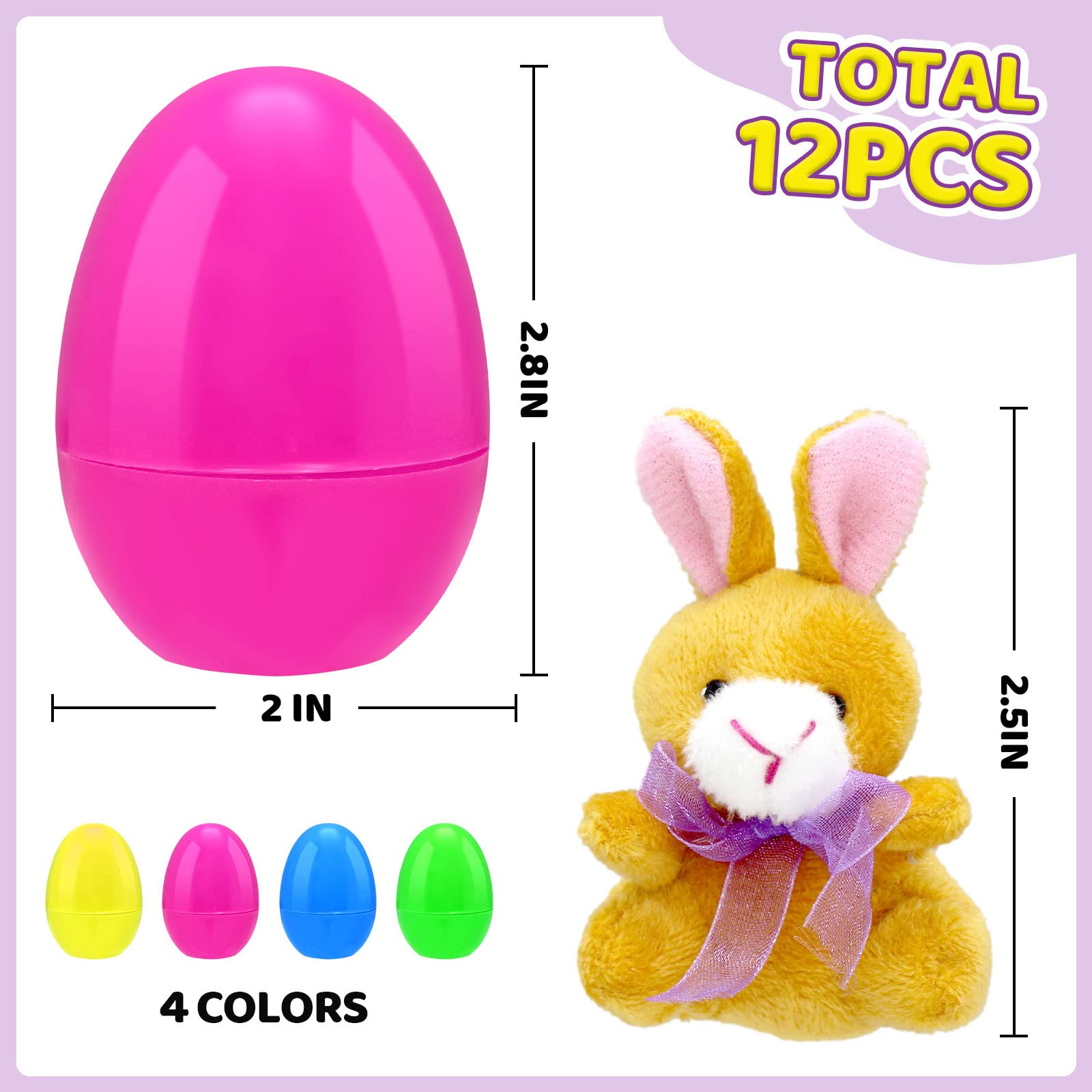 12PCS Filled Easter Eggs with Plush Animal Toys Inside - Prefilled Easter Eggs for Easter Egg Hunt, Easter Basket Stuffers, Classroom Prizes - Perfect for Easter Party Games, Kids Gift Baskets & Spring Celebrations