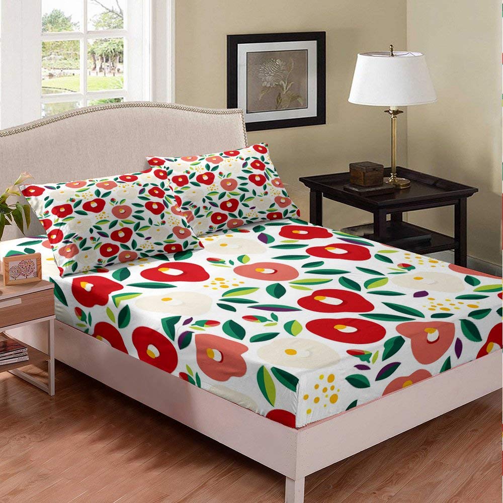 Red Fruit Pattern Queen Size Bed Sheet Set - Soft Microfiber 3-Piece Duvet Cover with White Base & Green Leaves (1 Fitted Sheet + 2 Pillowcases) for Teens & Kids Room Decor | Perfect for Bedroom, Dorm, or Guest Room