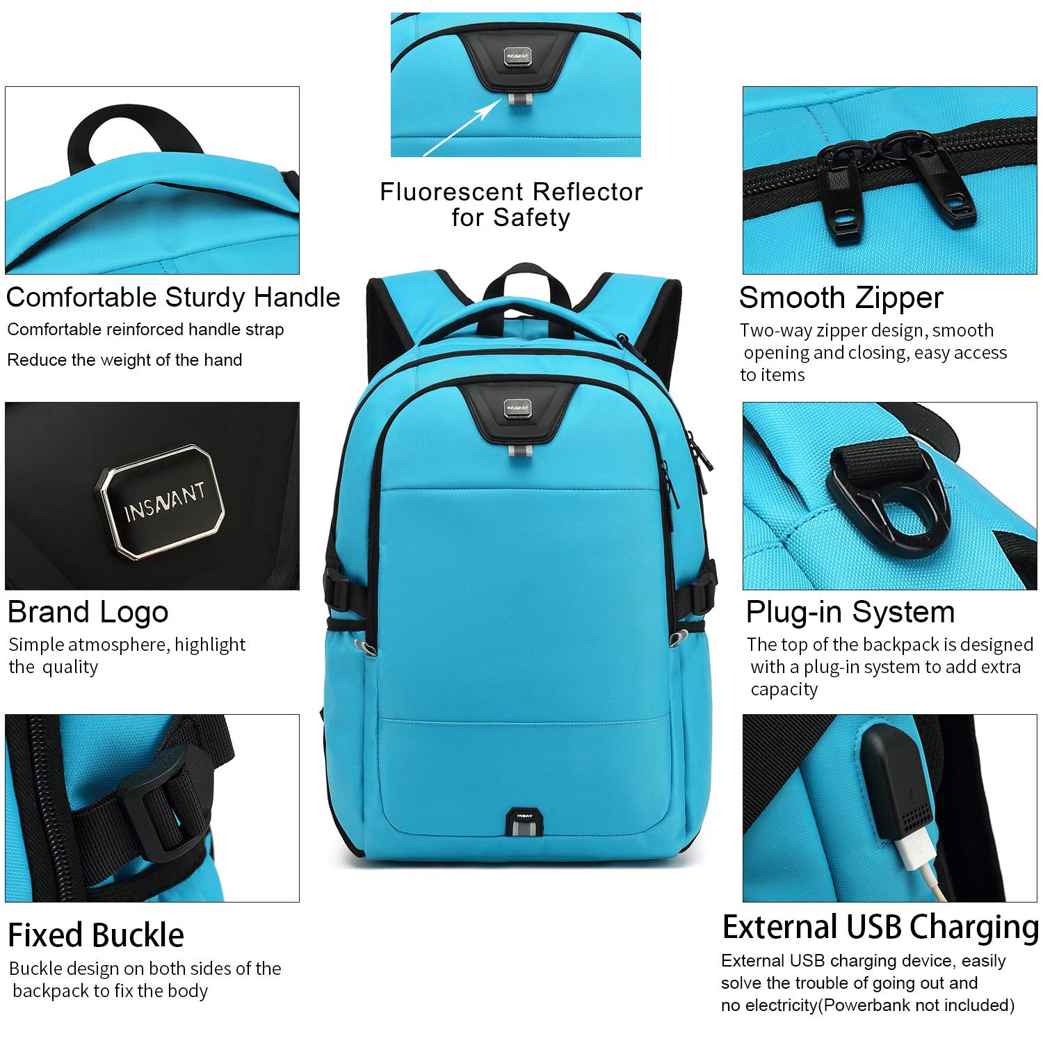 INSAVANT 15.6 Inch Water Resistant Laptop Backpack - Durable Anti-Theft College Travel Backpack with USB Charging Port - Perfect Gift for Men & Women (Sky Blue) - Ideal for Work, School & Daily Commute