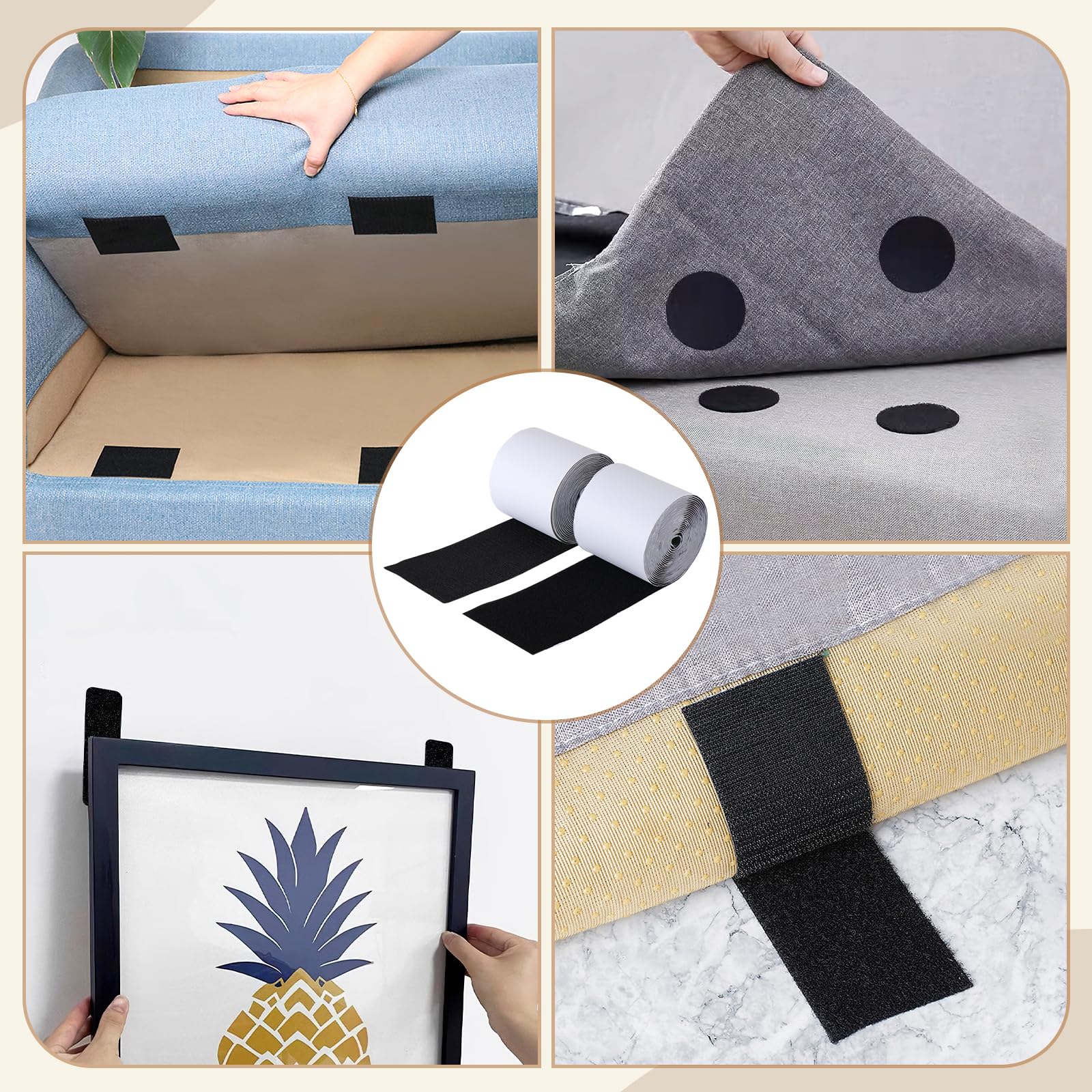 4 Inch x 16.5 Feet Heavy Duty Black Hook and Loop Tape with Strong Adhesive - Non-Slip Rug Gripper for Couch Cushions, Carpets, Mattresses - Prevent Sliding for Home, Office & Outdoor Use (Patio, RV, Furniture)
