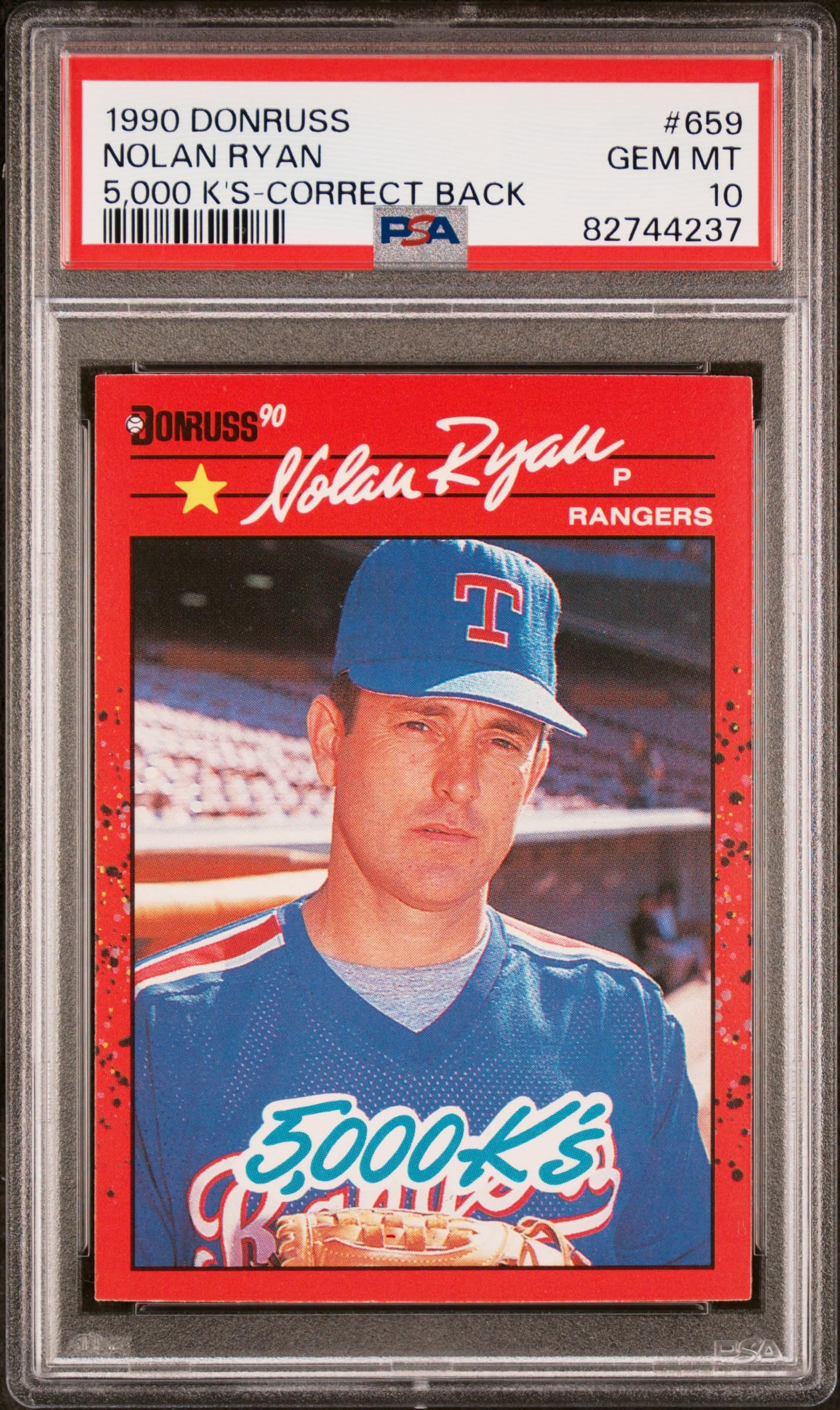 Nolan Ryan 1990 Donruss 5000Ks Correct Back Baseball Card #659 PSA 10 Gem Mint - Rare Collectible for Baseball Memorabilia & Sports Card Investors